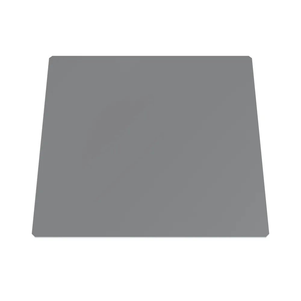 A thin square aluminium plate with bevelled corners.