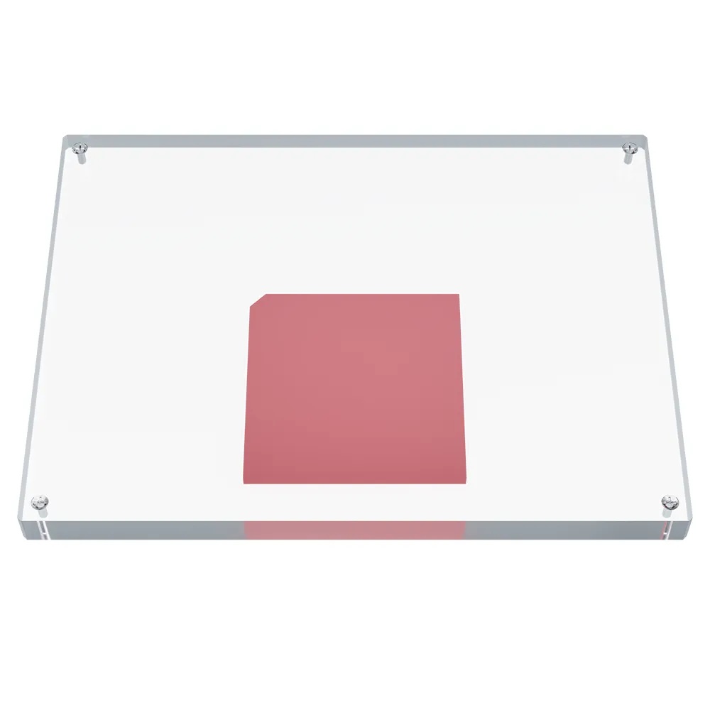 A rectangular transparent plate containing a square red wax insert.