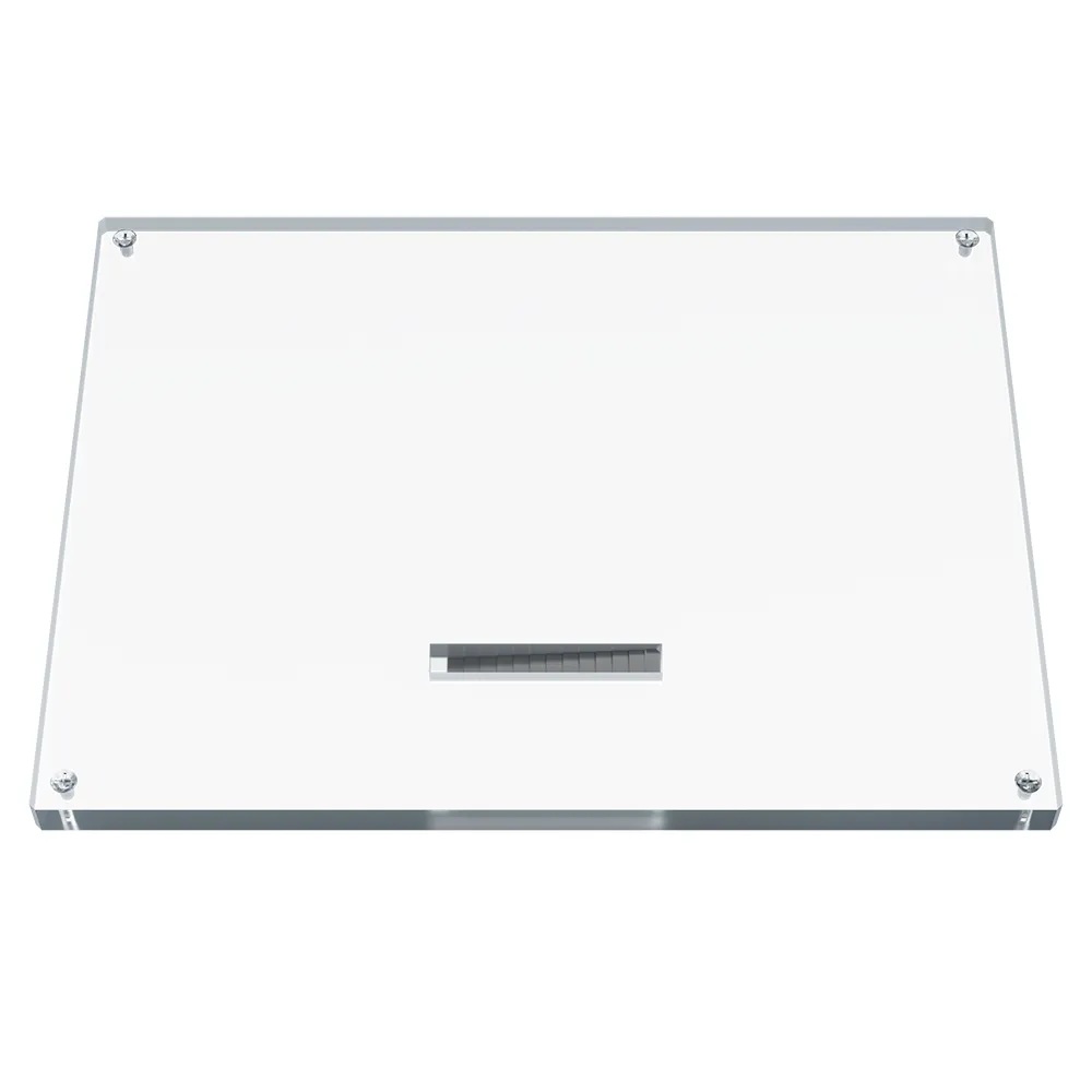 A rectangular transparent plate containing a small aluminium step wedge.