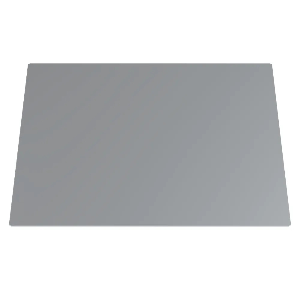 A thin rectangular aluminium plate with bevelled corners.
