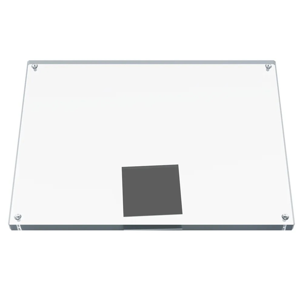 Rectangular transparent plate with a stainless steel square plate inside.
