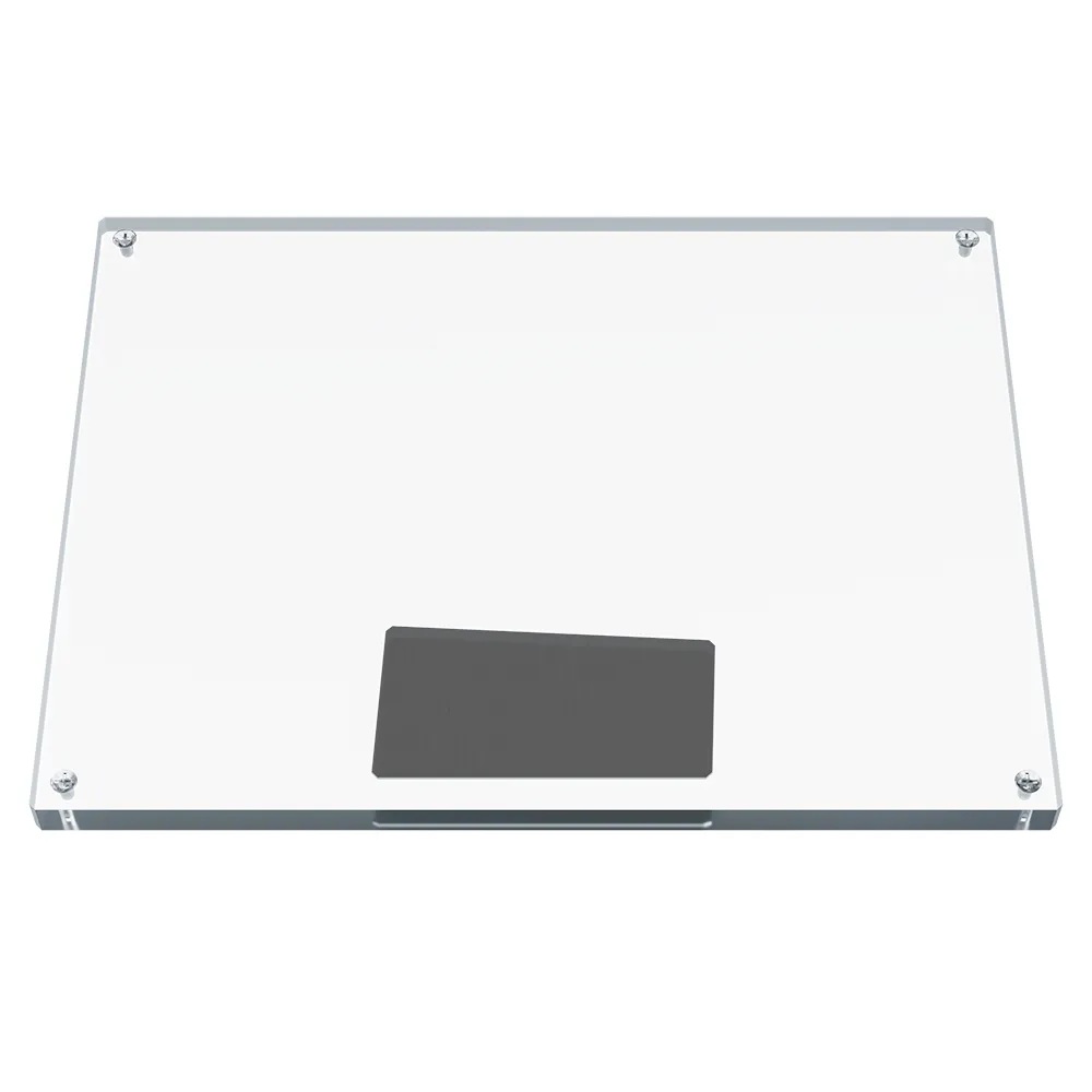 Rectangular transparent plate with a stainless steel rectangular plate inside.