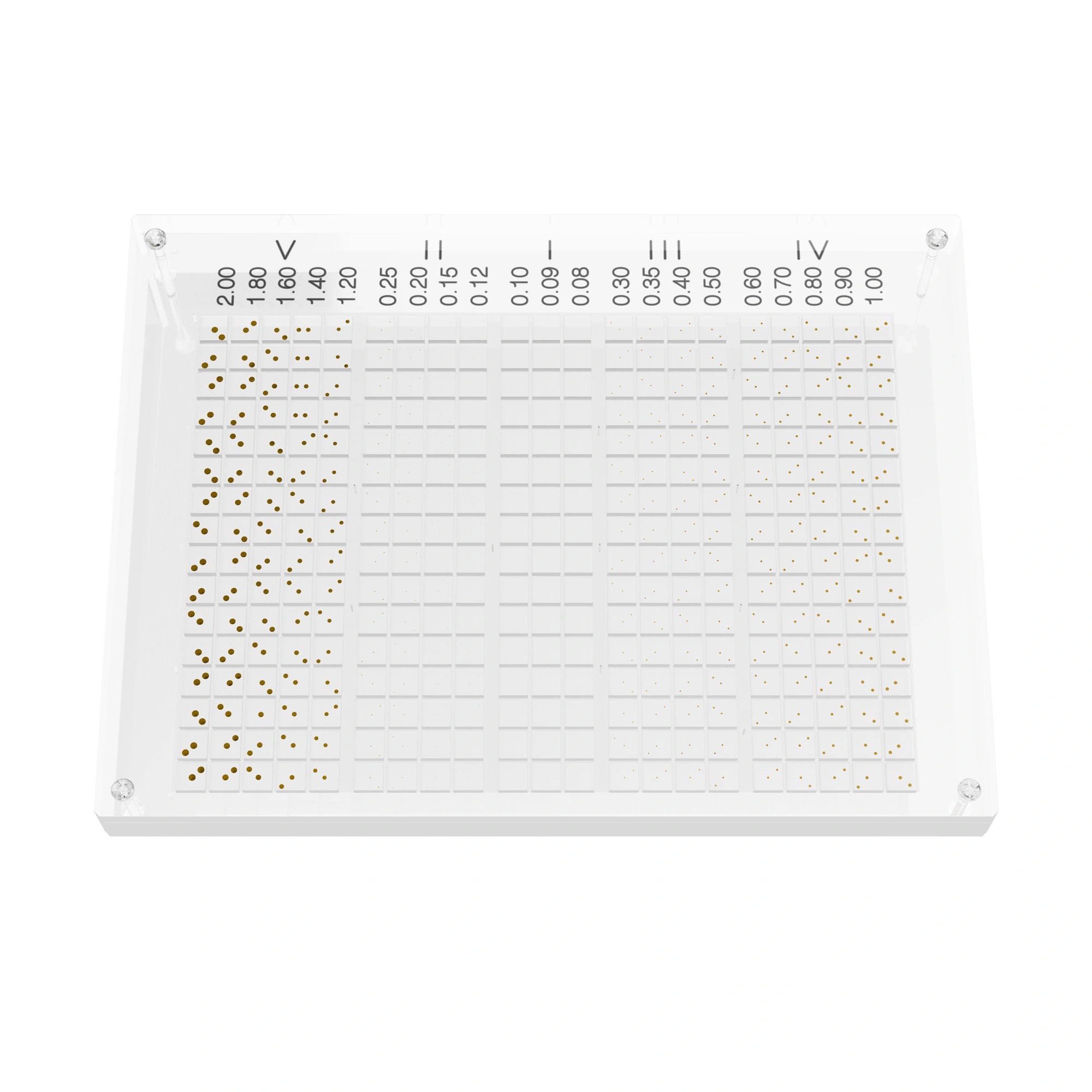 Rectangular, flat object made of transparent plastic with a 21x16 grid of squares divided into 5 columns, each square contains two golden dots of different sizes.
