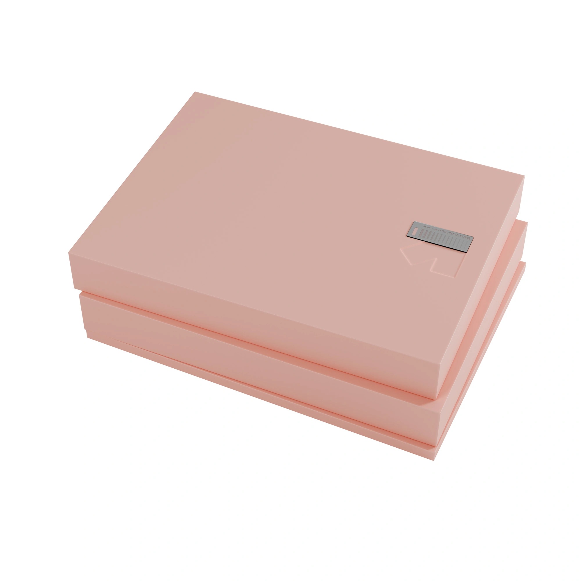Three rectangular blocks made of flesh-coloured material stacked on top of each other, the top of which has three slots arranged at 45 degrees to accommodate the resolution tile.