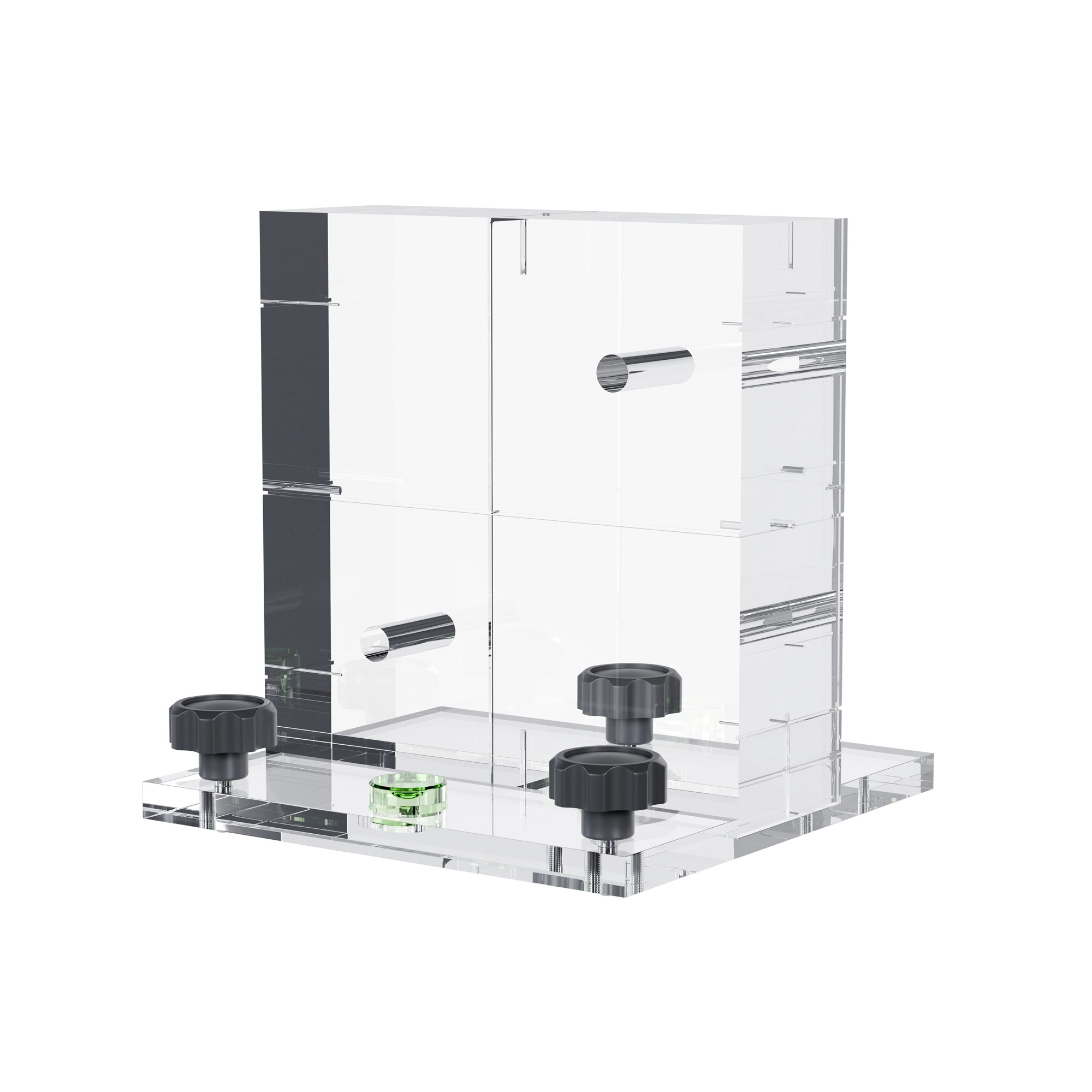 A transparent PMMA square block with engraved positioning lines and small holes on the sides, standing vertically on a square flat platform with a spirit level and 3 levelling screws.