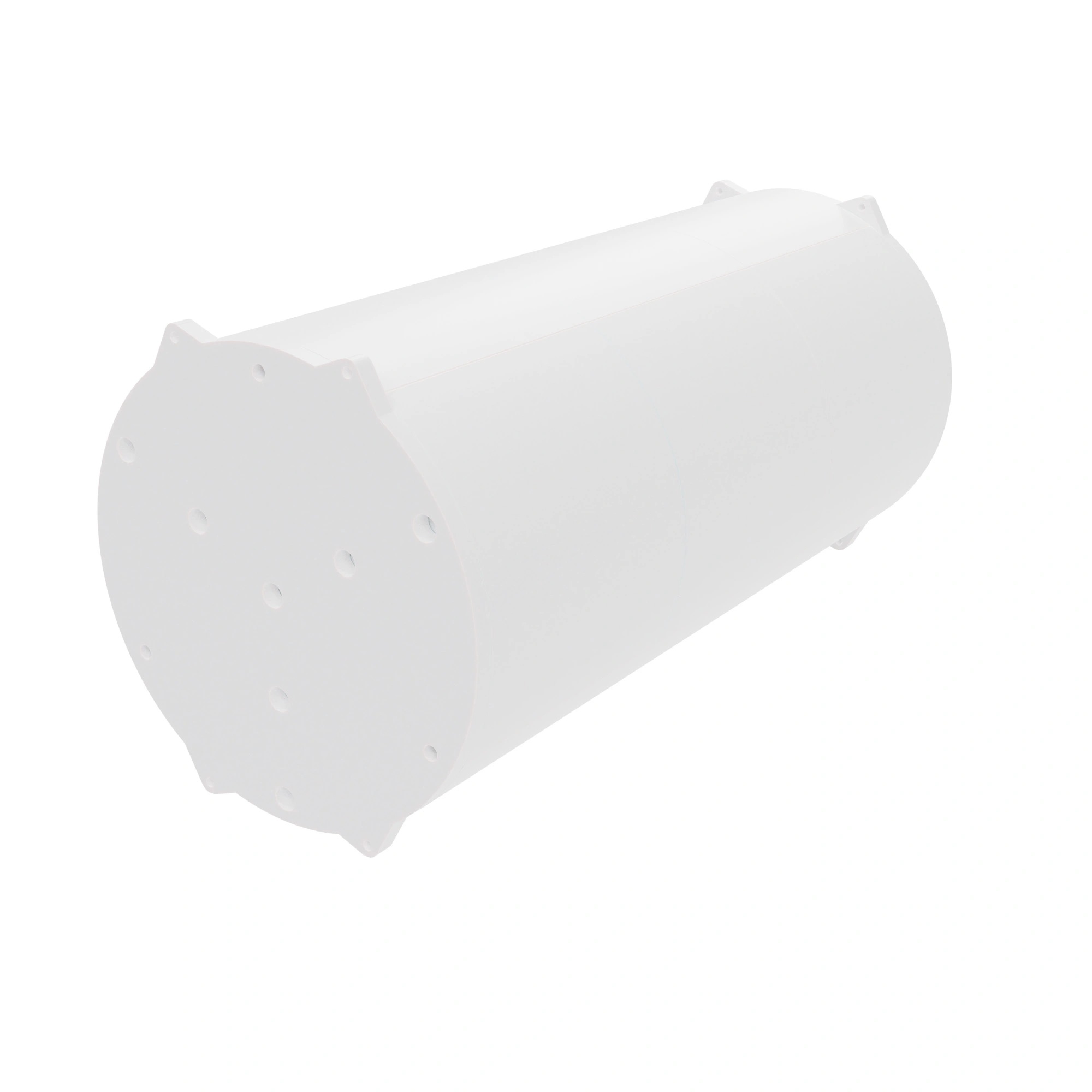 A cylindrical white plastic object made of three even pieces cupped together by two flat ends with stands.