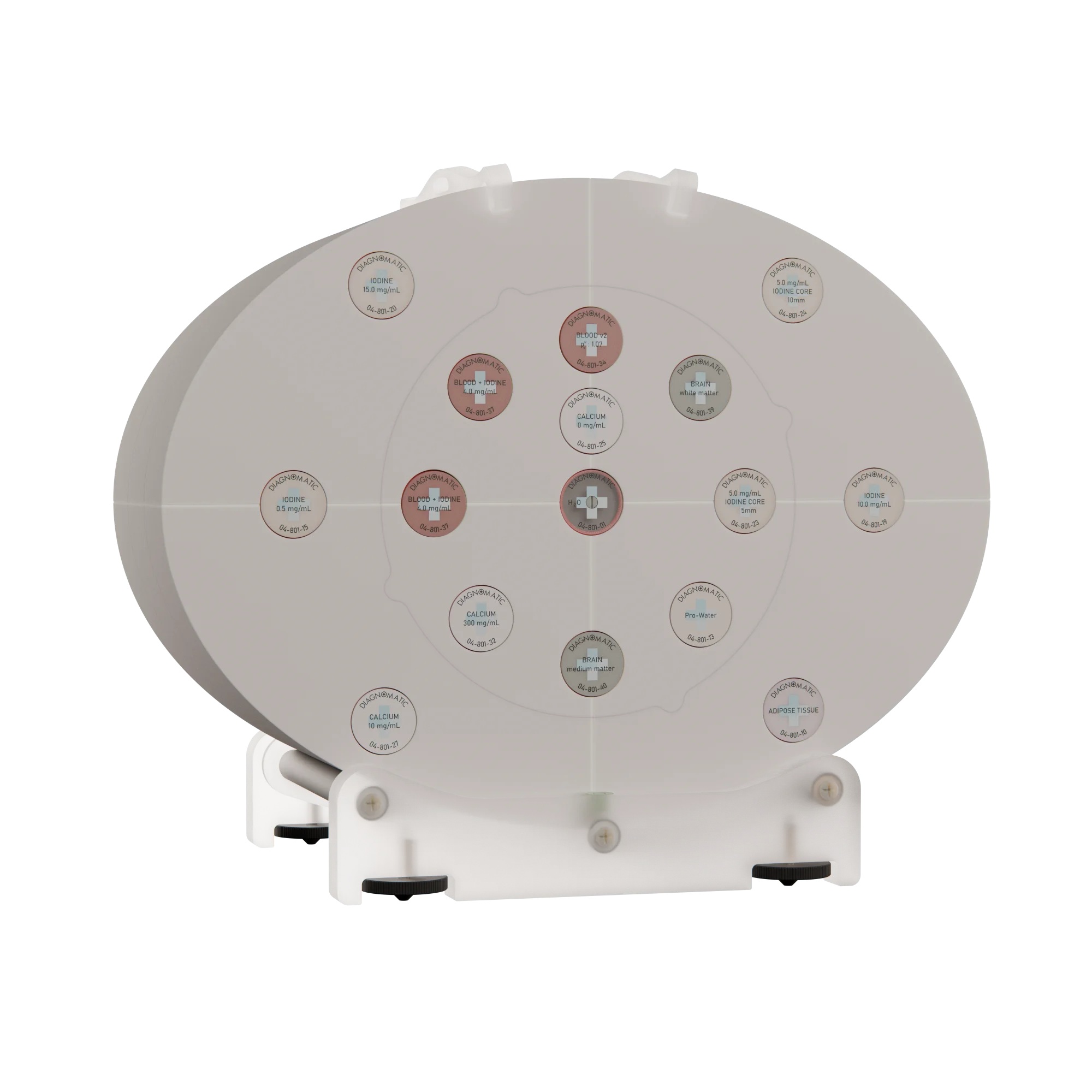 Pro-CT MultiEnergy phantom on table stand, elliptical body with central head module and labelled iodine, calcium, blood and tissue-equivalent inserts.
