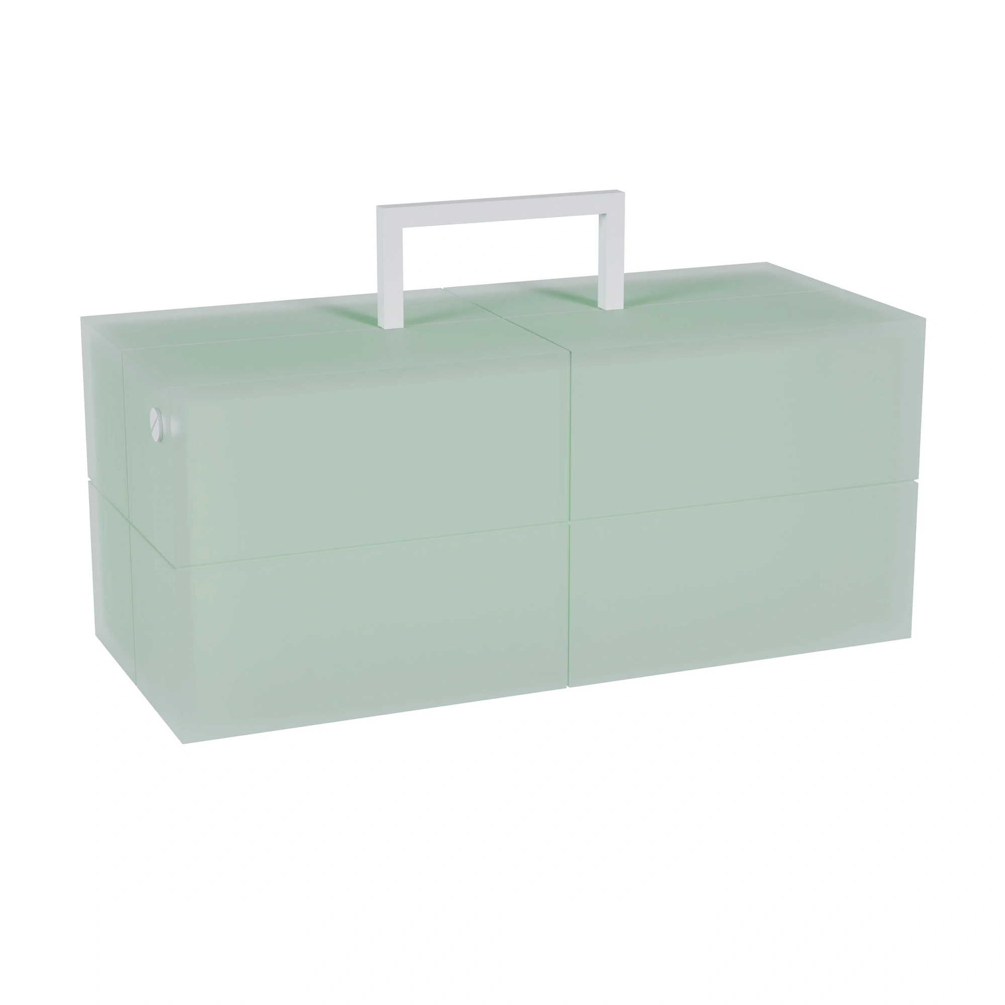 Rectangular block made of sandblasted acrylic, filled with a greenish liquid, with engraved positioning lines and a carrying handle.