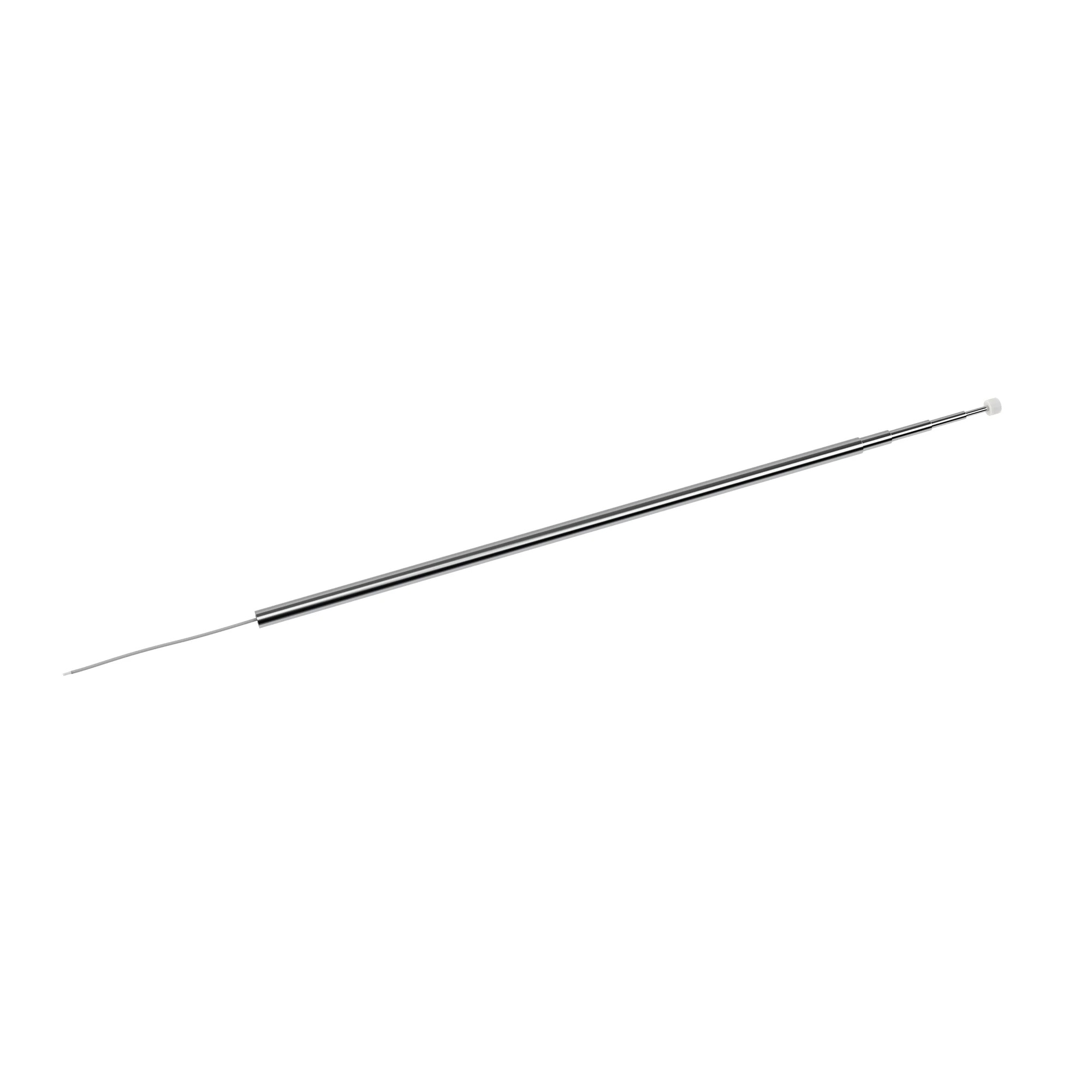 A metal object similar to a telescopic antenna with a white head.
