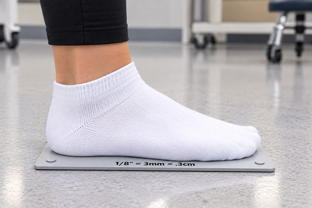 Close-up of a patient's foot resting on the gray Z-DISC block during a leg length assessment
