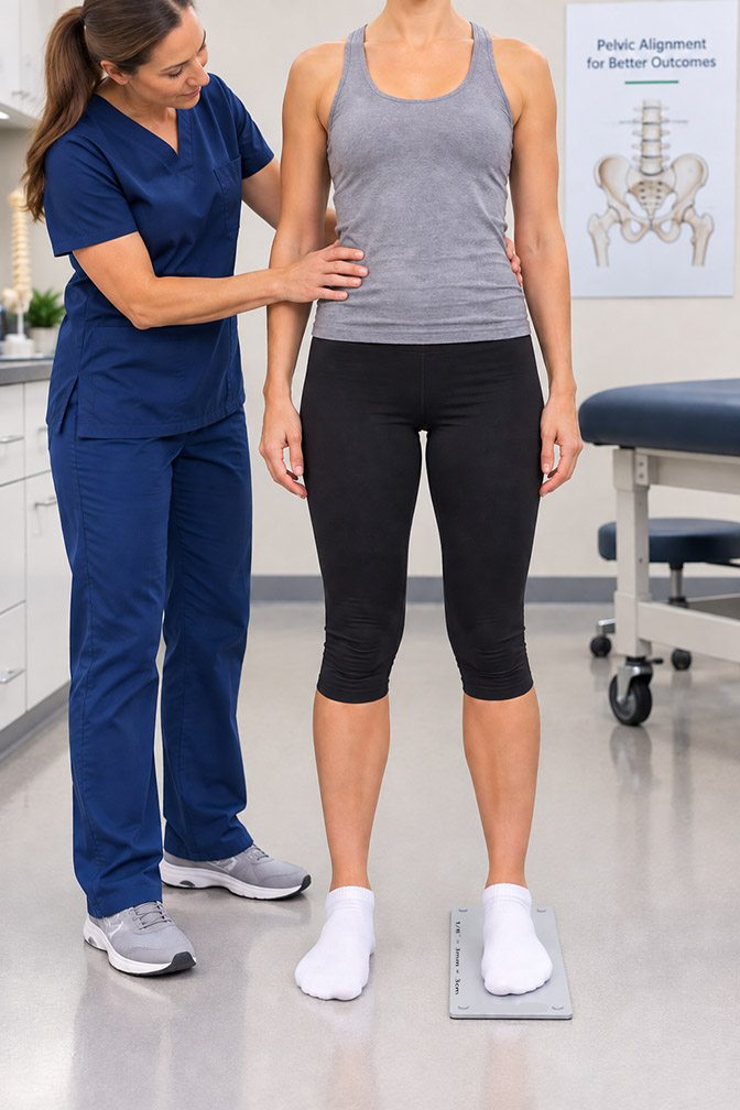 Healthcare professional assessing pelvic level with a Z-DISC block beneath a standing patient's foot