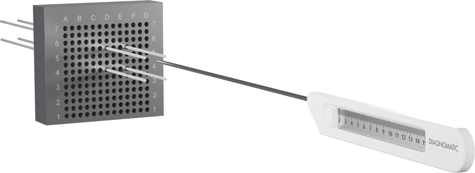 Positioning the brachytherapy needle measuring device on the needle and advancing it until it rests against the template surface.