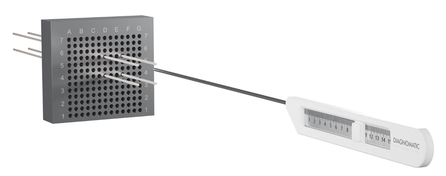 Side view of brachytherapy needle length measurement showing the device aligned with the template surface.