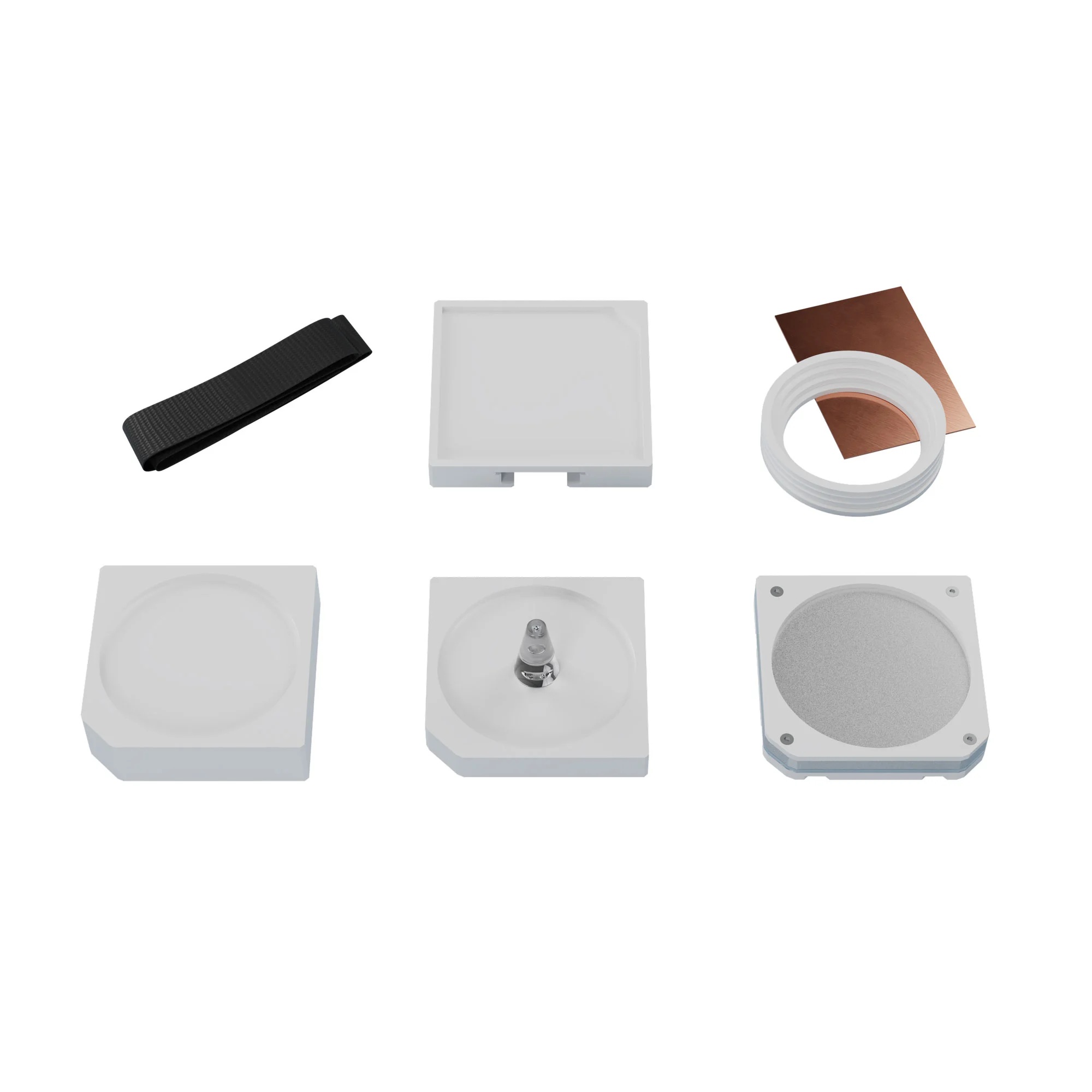 A set made of four square white plastic elements, four white plastic rings, a rectangular copper plate, and an elastic fabric stripe.
