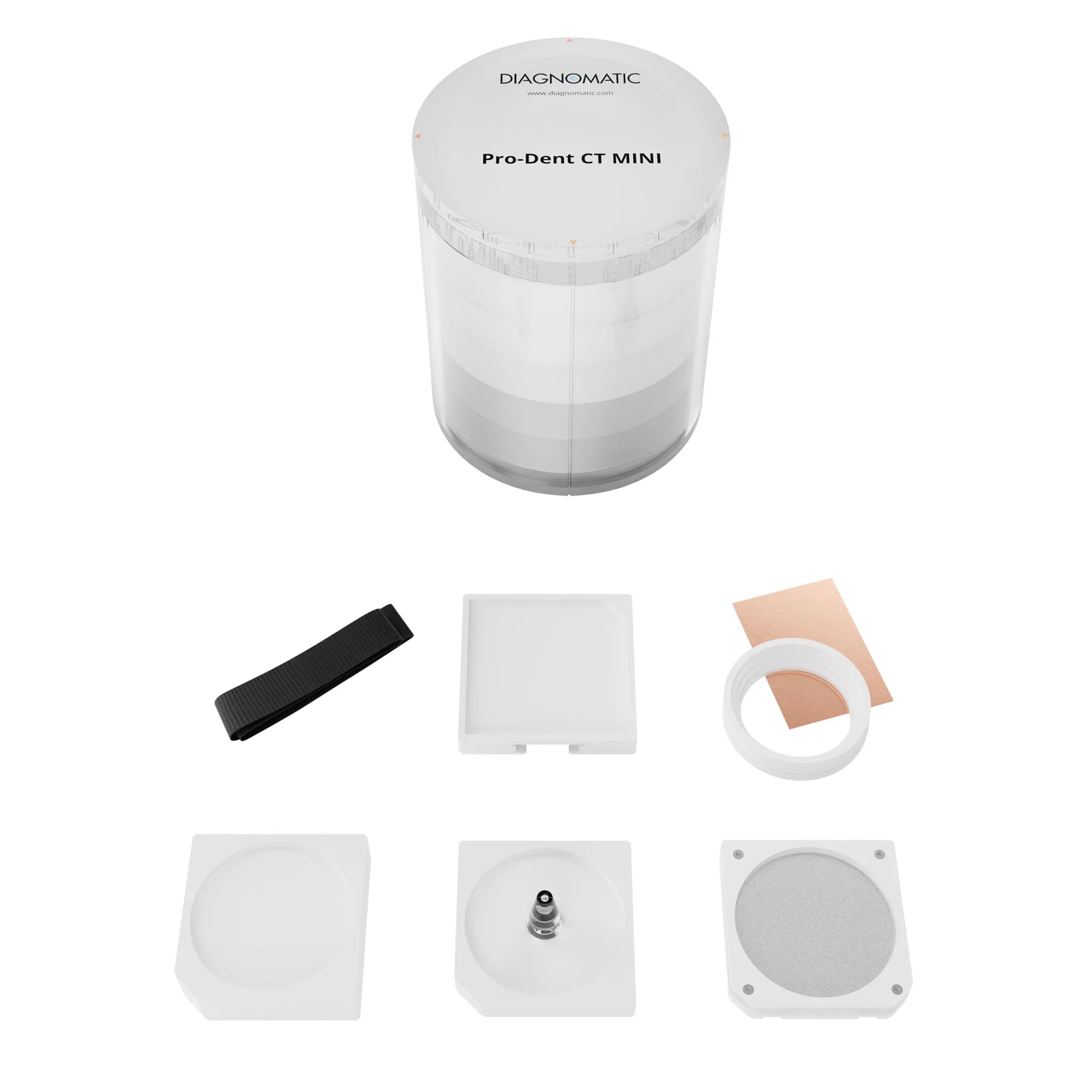 A set made of four square white plastic elements, a cylindrical transparent vessel tightly filled with modules, four white plastic rings, a rectangular copper plate, and an elastic fabric stripe.