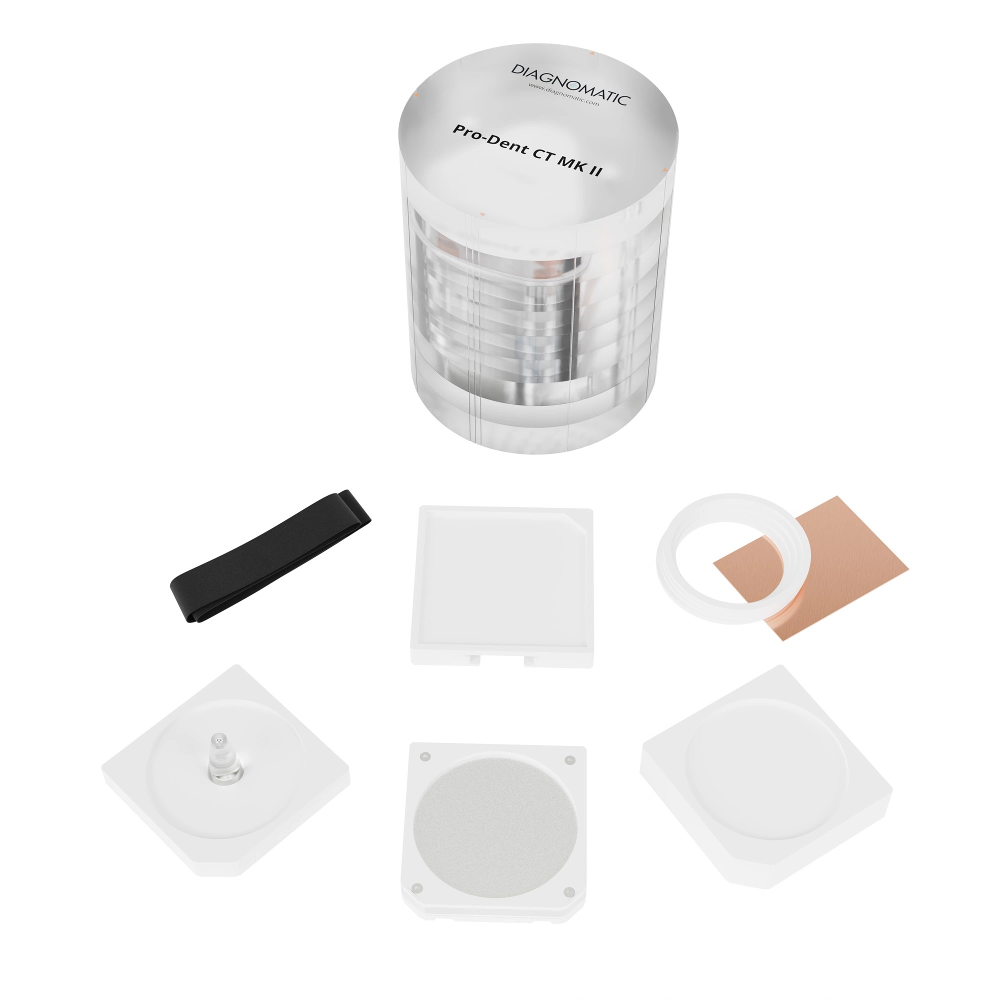 A set made of four square white plastic elements, a cylindrical object transparent made of 9 modules, four white plastic rings, a rectangular copper plate, and an elastic fabric stripe.