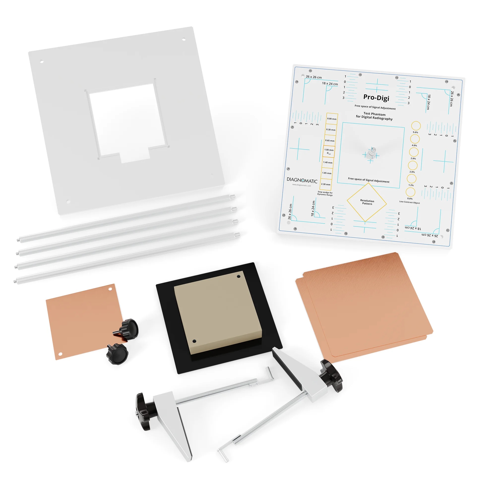 A set made of a white square test object, a white square stand with 4 aluminium legs, three copper plates, a thick aluminium square filter, and 2 hang racks.