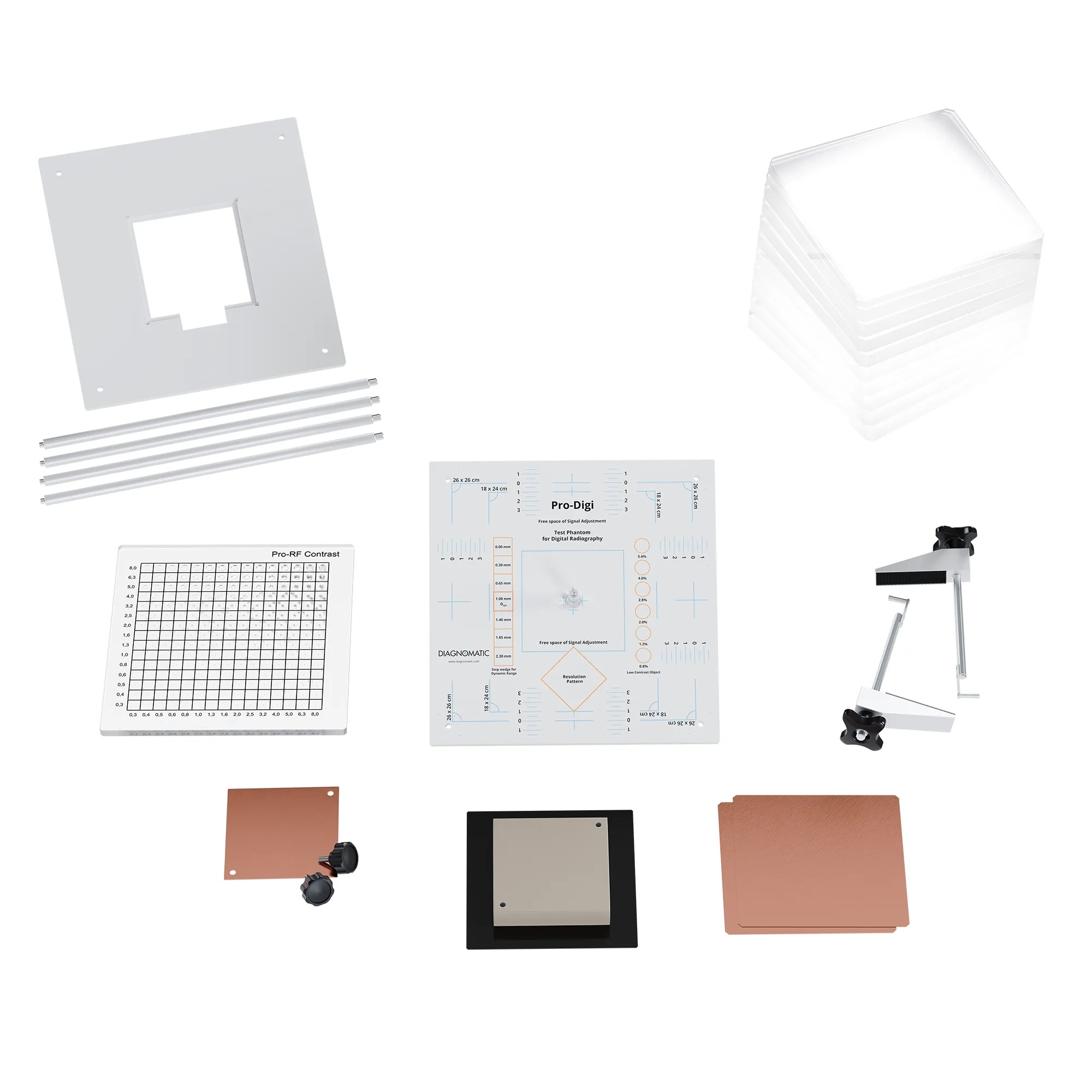 A set consisting of a white square plate with a transparent cone in the middle, a transparent plate with holes, an aluminium block, three square copper plates, a stack of square PMMA plates, a hanging rack and a stand.