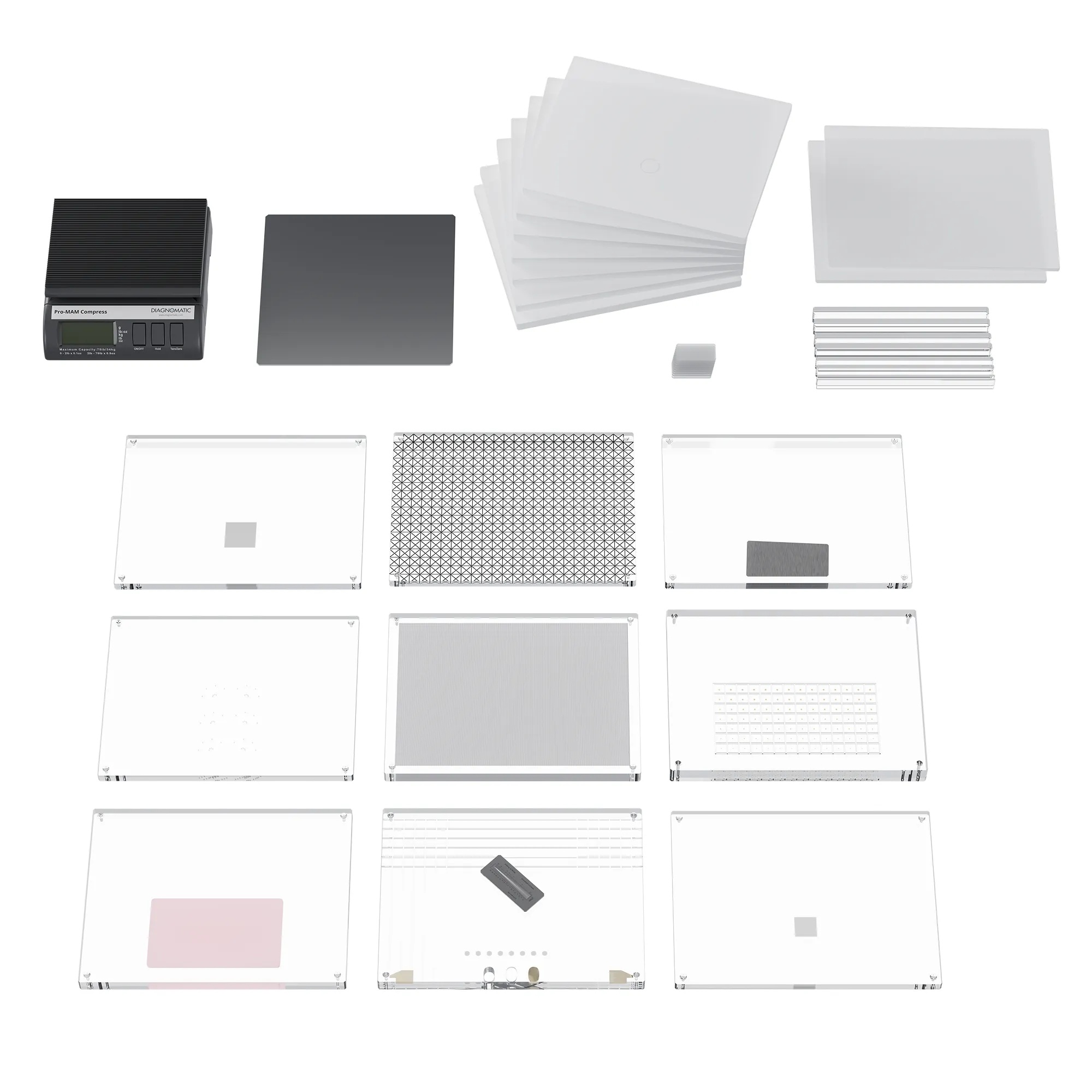 An advanced set of phantoms and tools for mammography imaging devices quality tests.