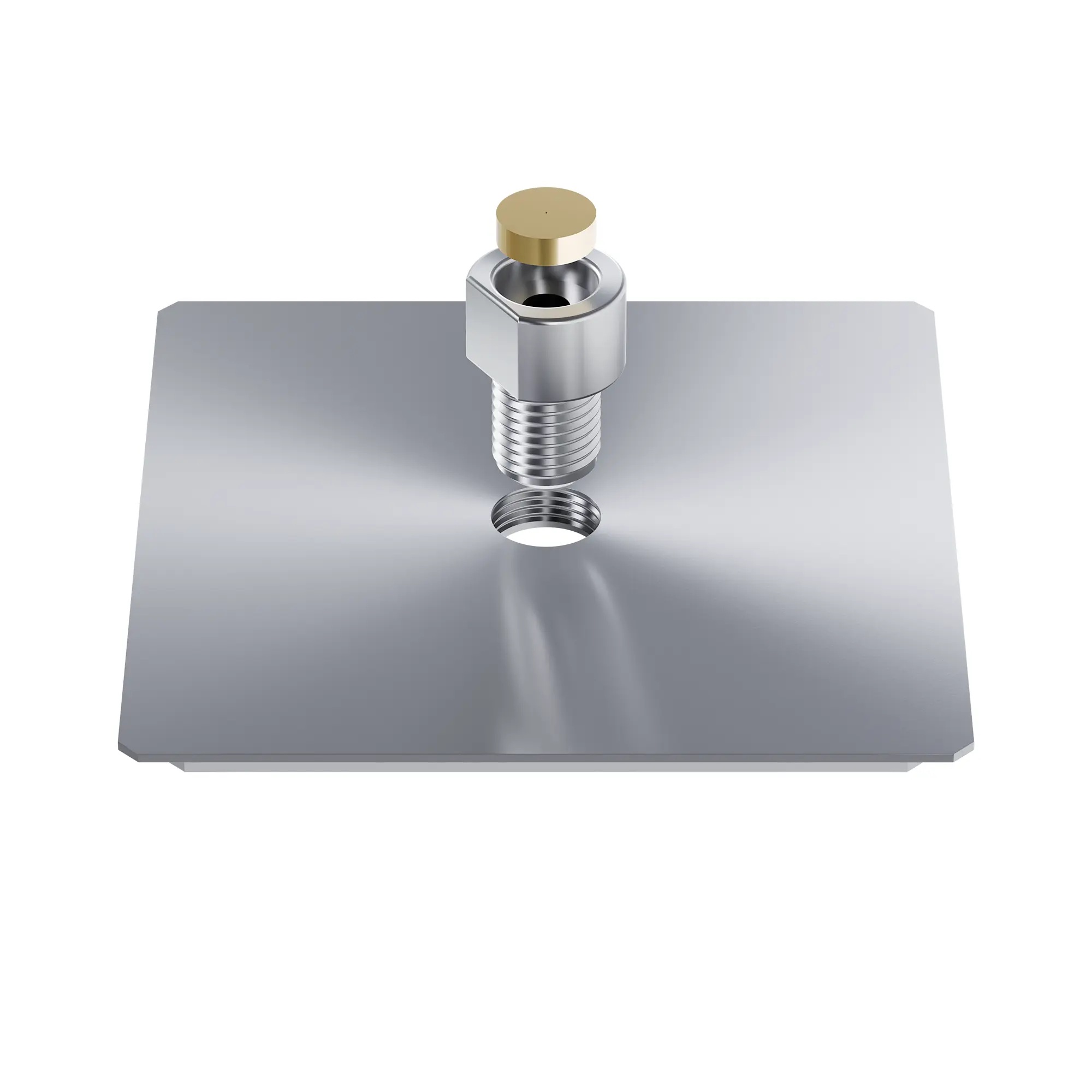 Stainless steel square base with a hole for a screw, a stainless steel mounting screw with a cavity for a diaphragm, and a golden-platinum disc diaphragm with a tiny hole.