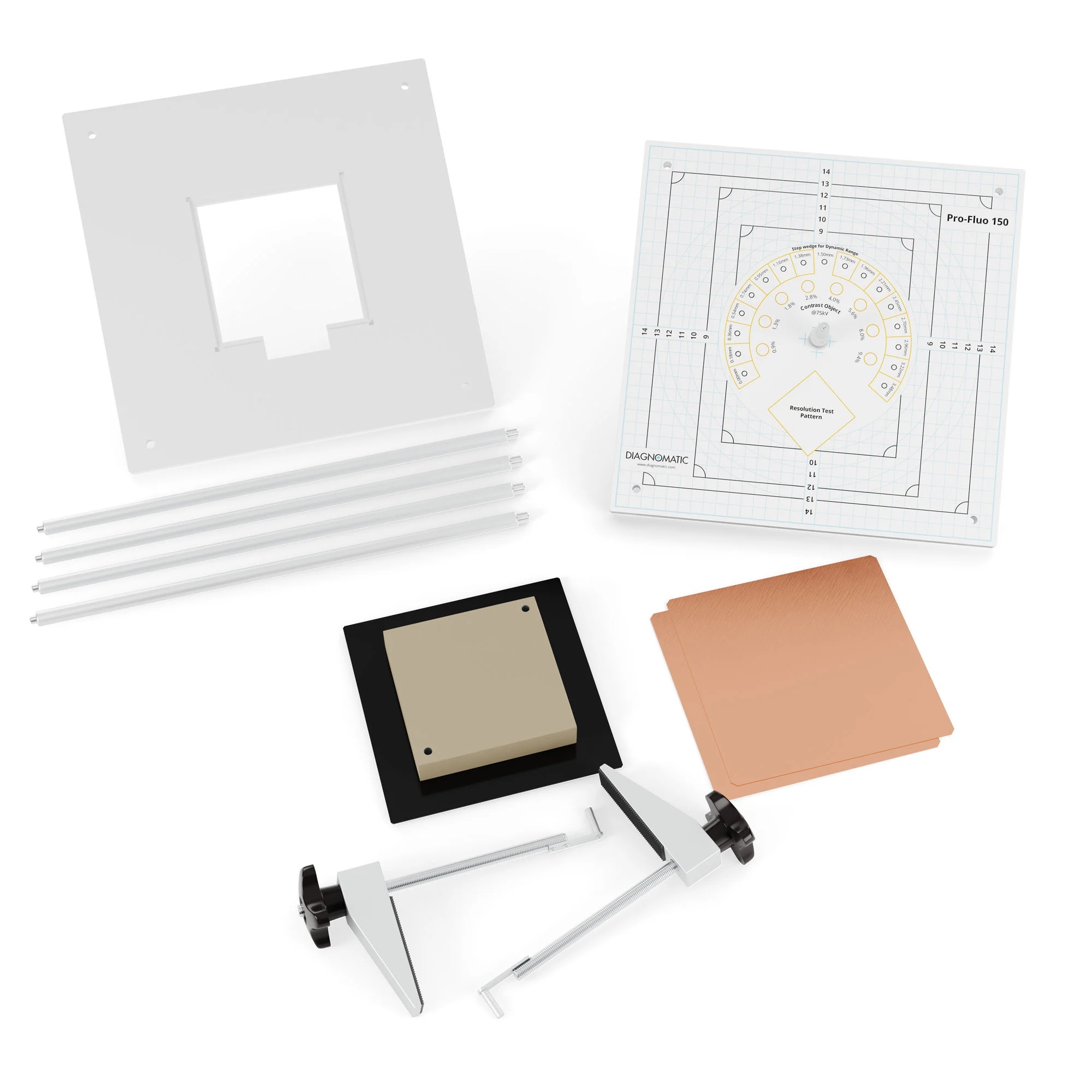 A set made of a square plastic object with a transparent cone in the middle, 2 square copper plates, two hang racks, an aluminium block, and a stand.