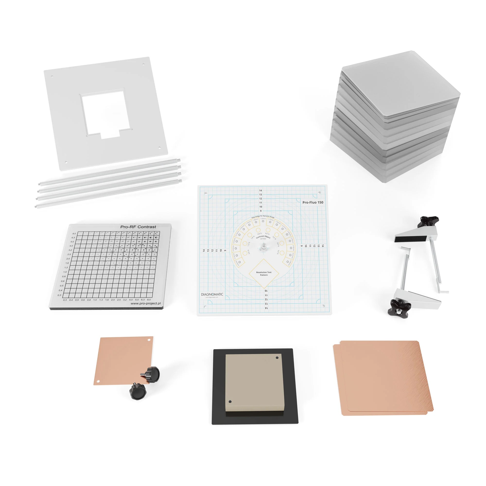 A set made of a square plastic object with a transparent cone in the middle, 3 square copper plates, two hang racks, an aluminium block, a stand, a pile of square acrylic plates, and a square transparent object with a grid.