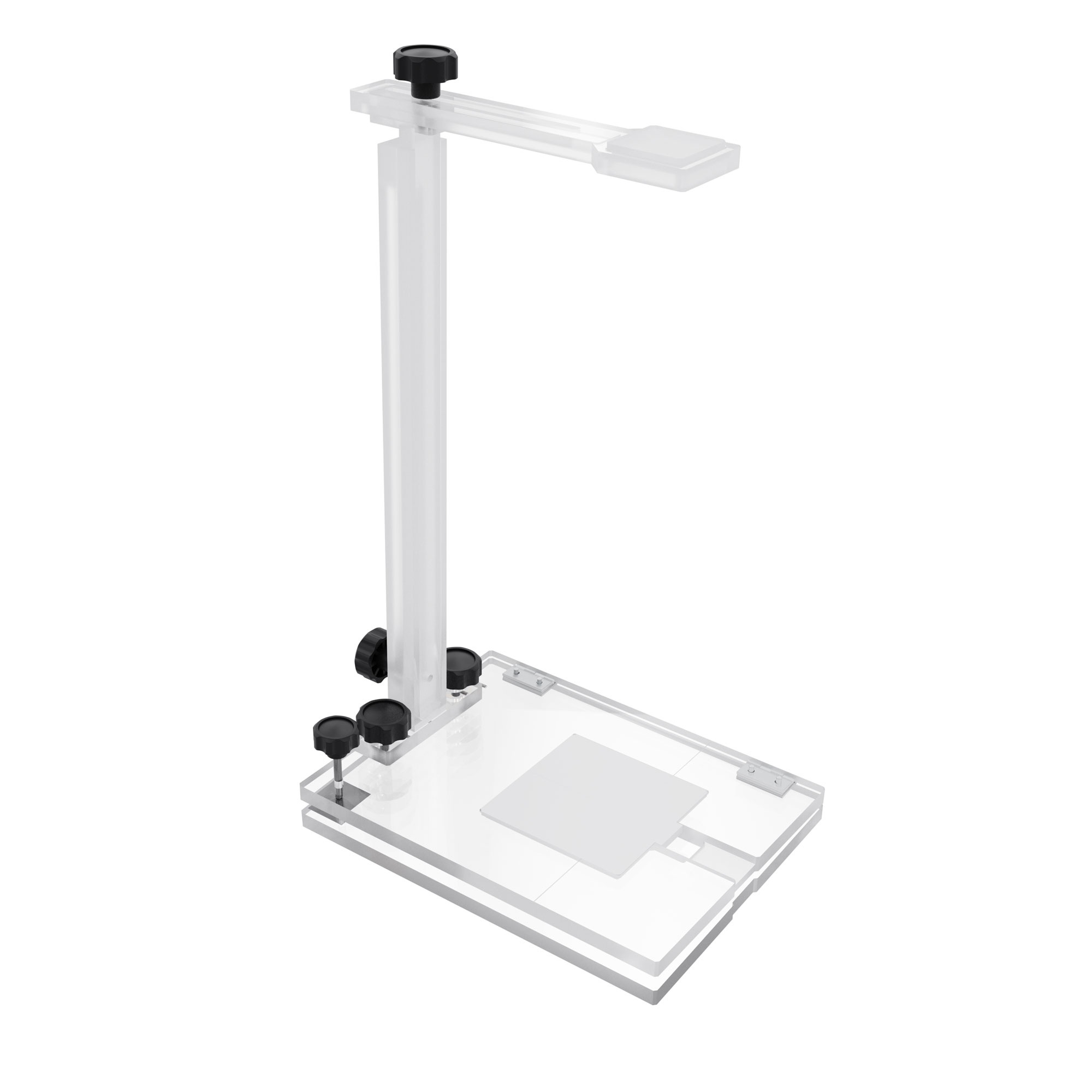 A crane-like stand, made of transparent PMMA, with a rectangular base with adjustable side angle, and interchangeable arm.