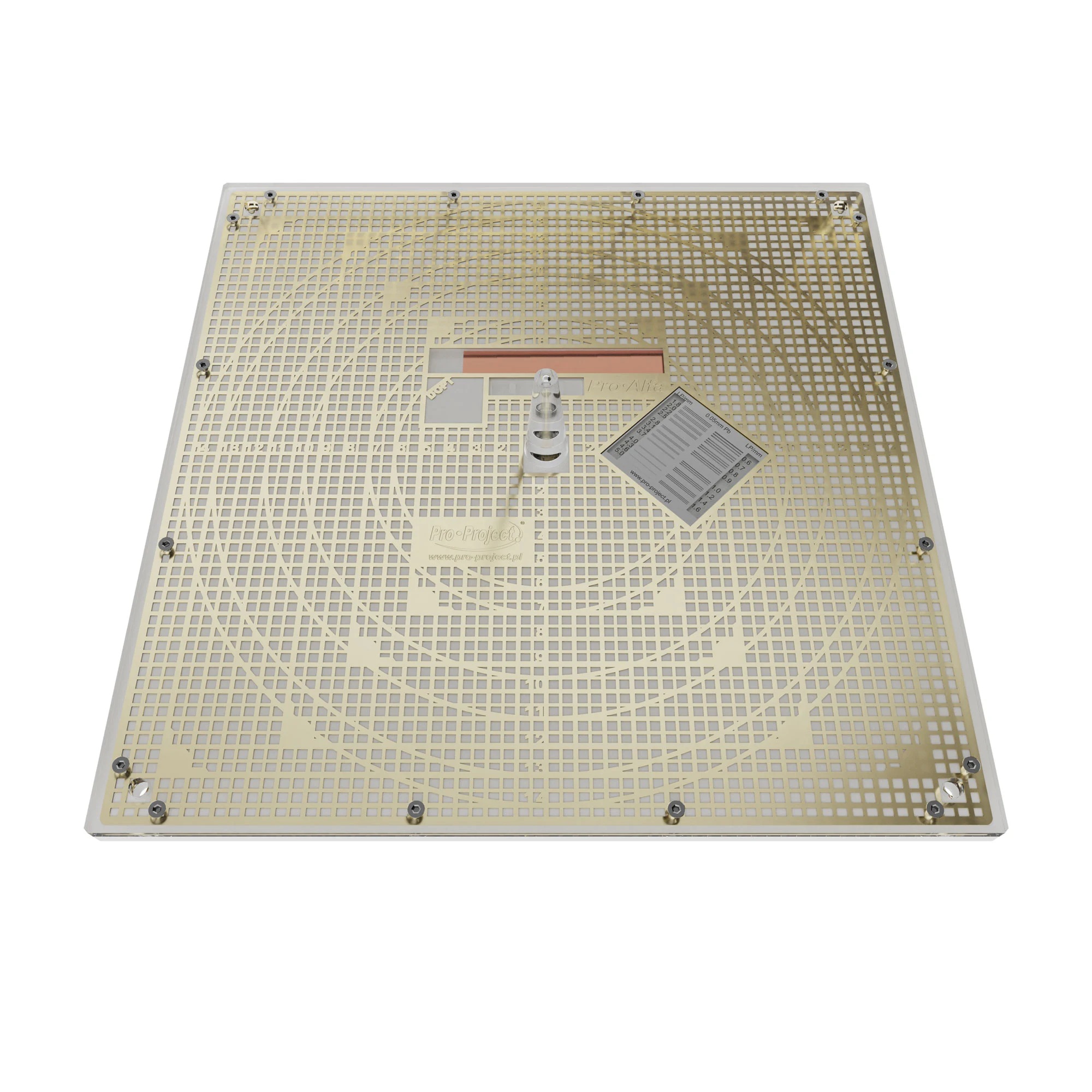 An square flat object made of transparent plastic containing brass mesh inside, copper wedge, resolution plate, and transparent cone at the middle.