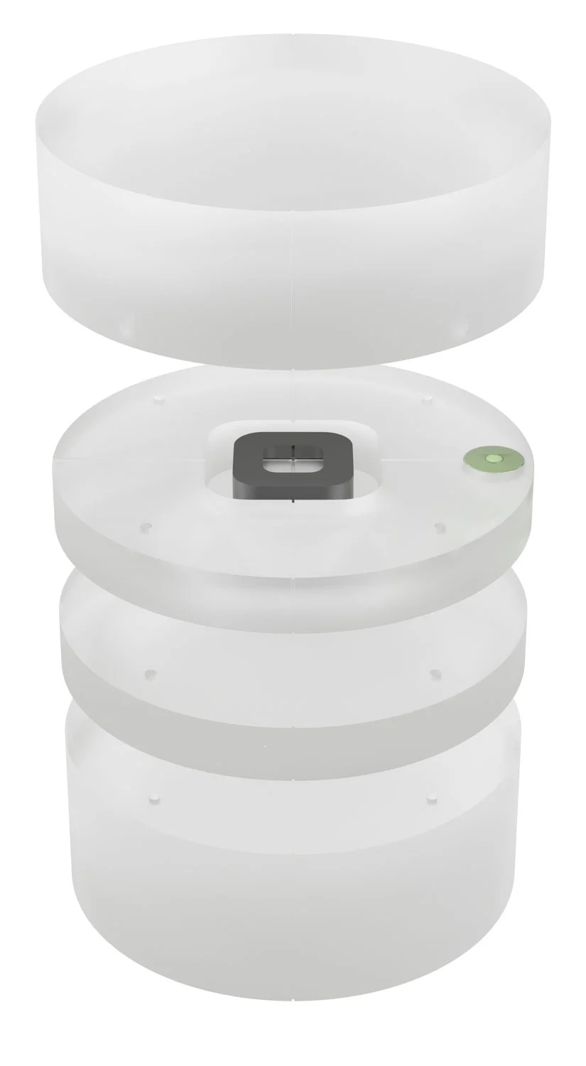 Disassembly of a cylindrical-shaped, semi-transparent plastic object made out of 4 disks