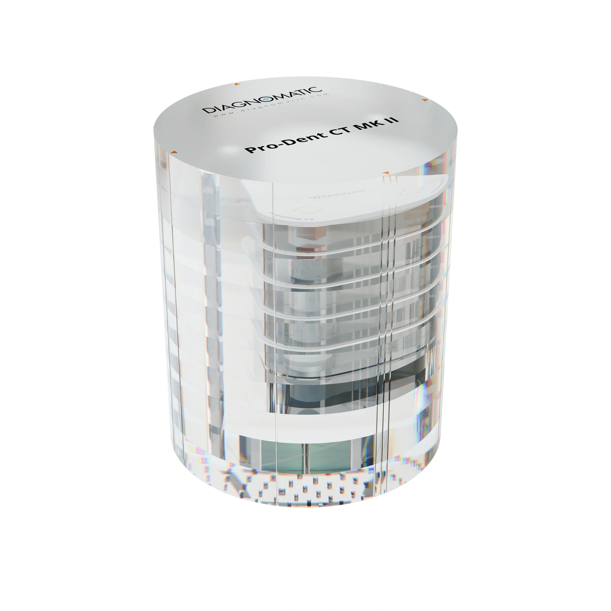 A cylindrical object composed of 8 acrylic discs with a printed top surface.