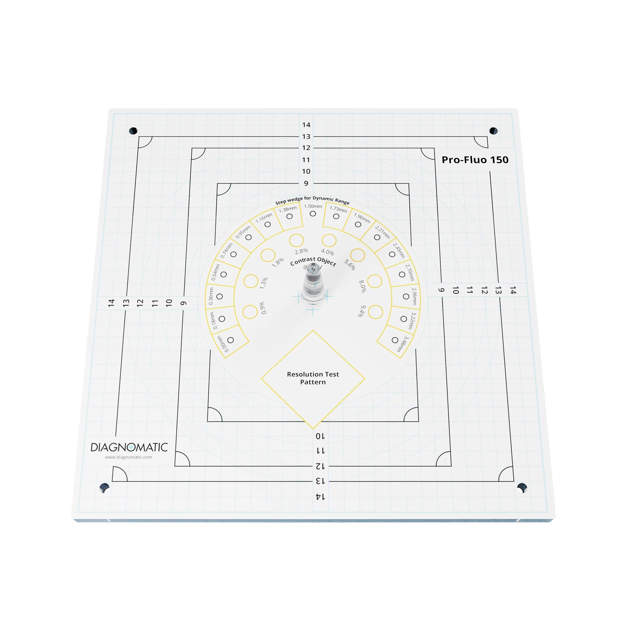 A flat, square object made of white plastic with printed symbols on the top cover and a transparent cone at the middle.
