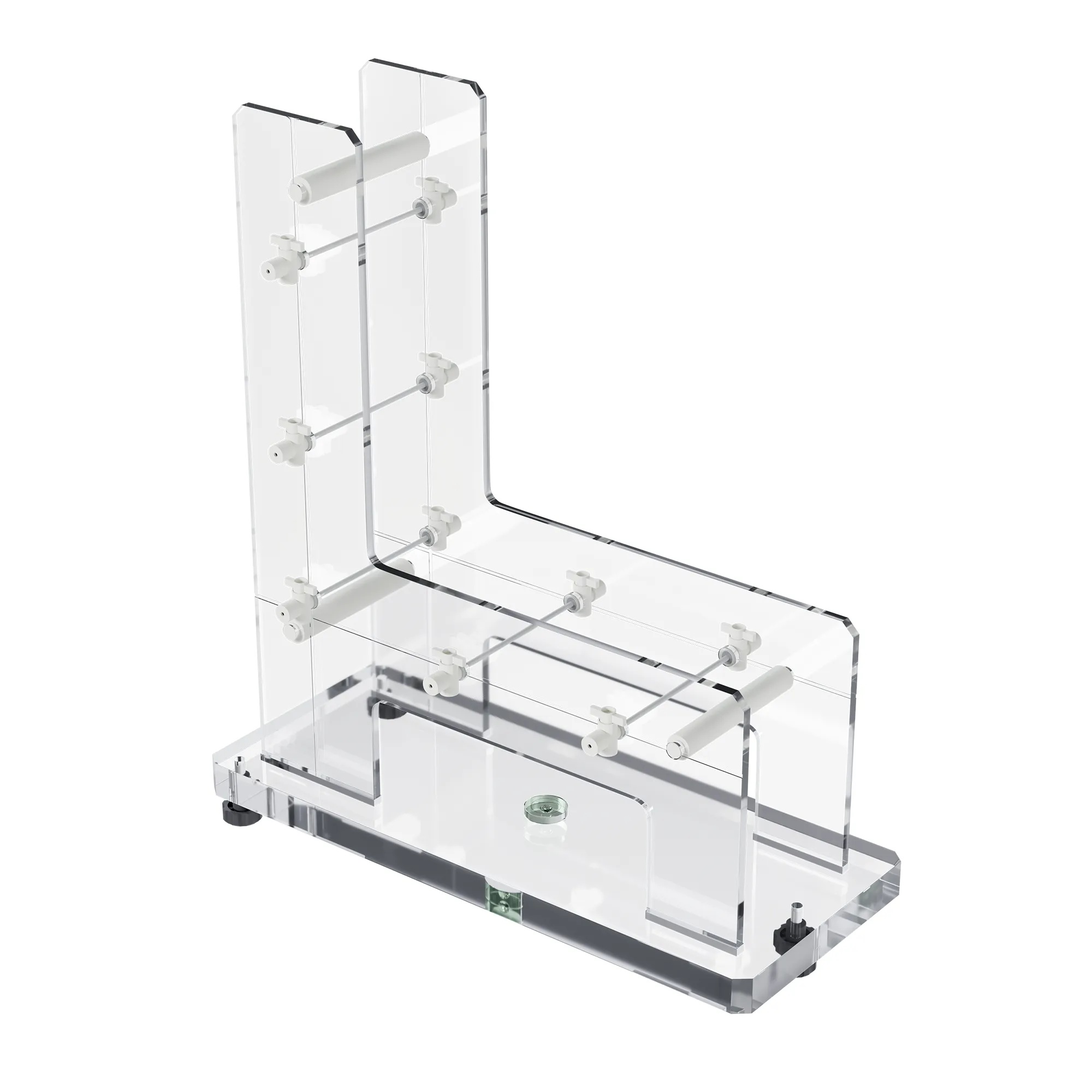 A chair-shaped object made of two parallel transparent flat elements connected with a few rods and nested on a rectangular transparent base.