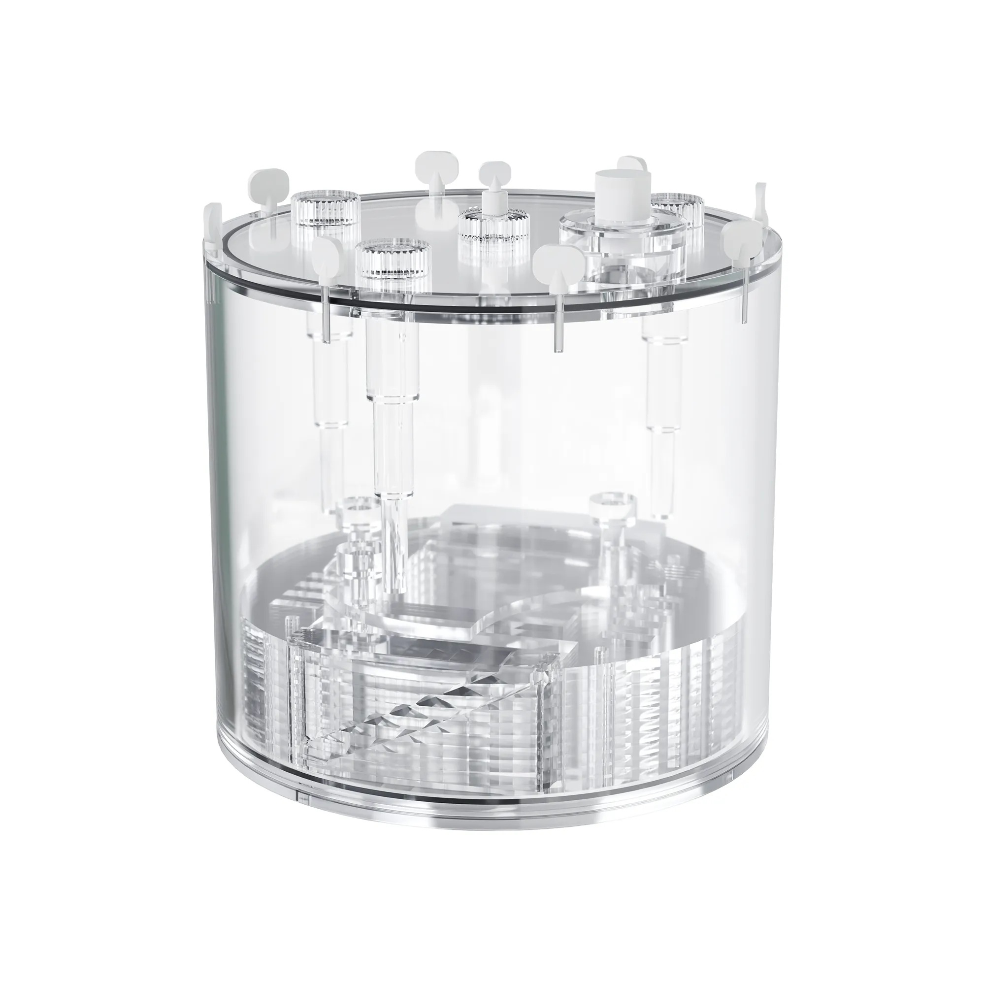 A cylindrical vessel made of transparent PMMA with a top lid attached with thumbscrews, containing 3 fillable rods and a stack of transparent disks.