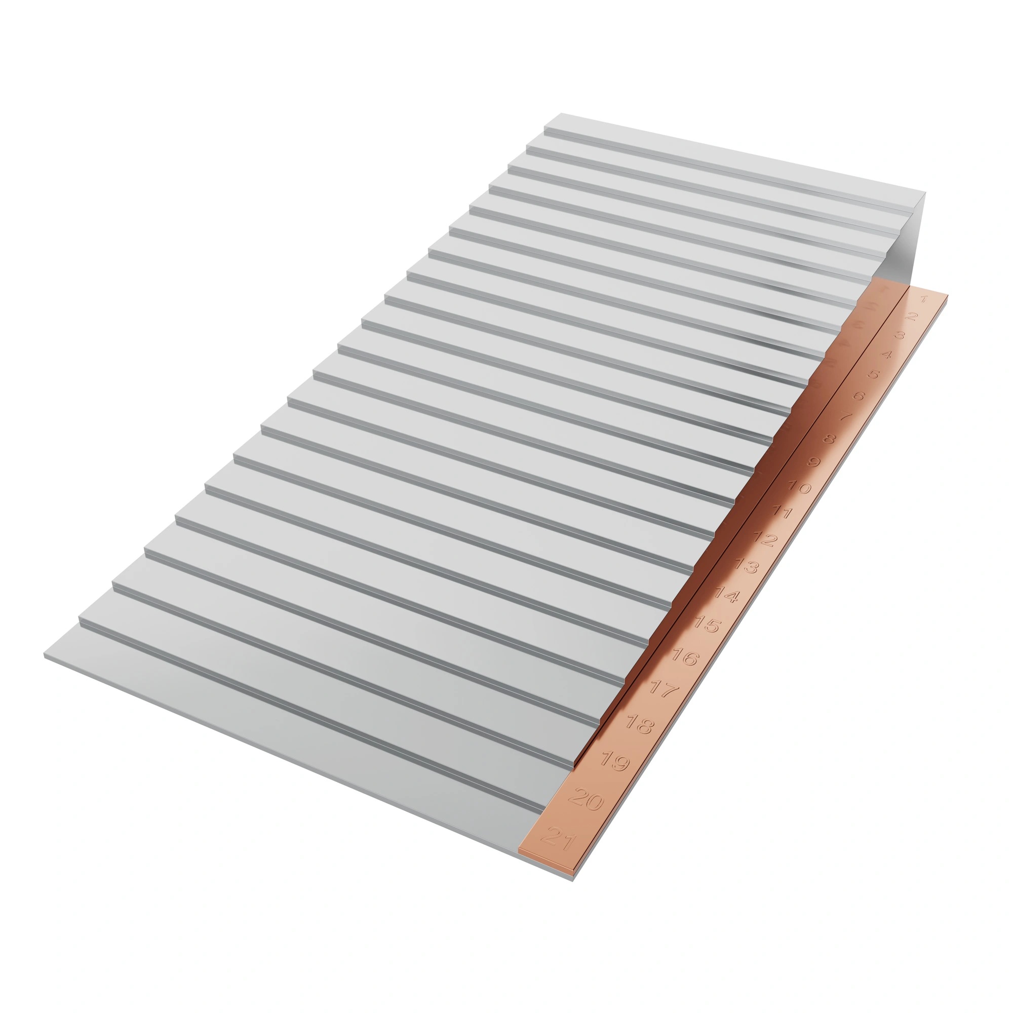 An aluminium step wedge with a copper stripe on the side with engraved numbers.