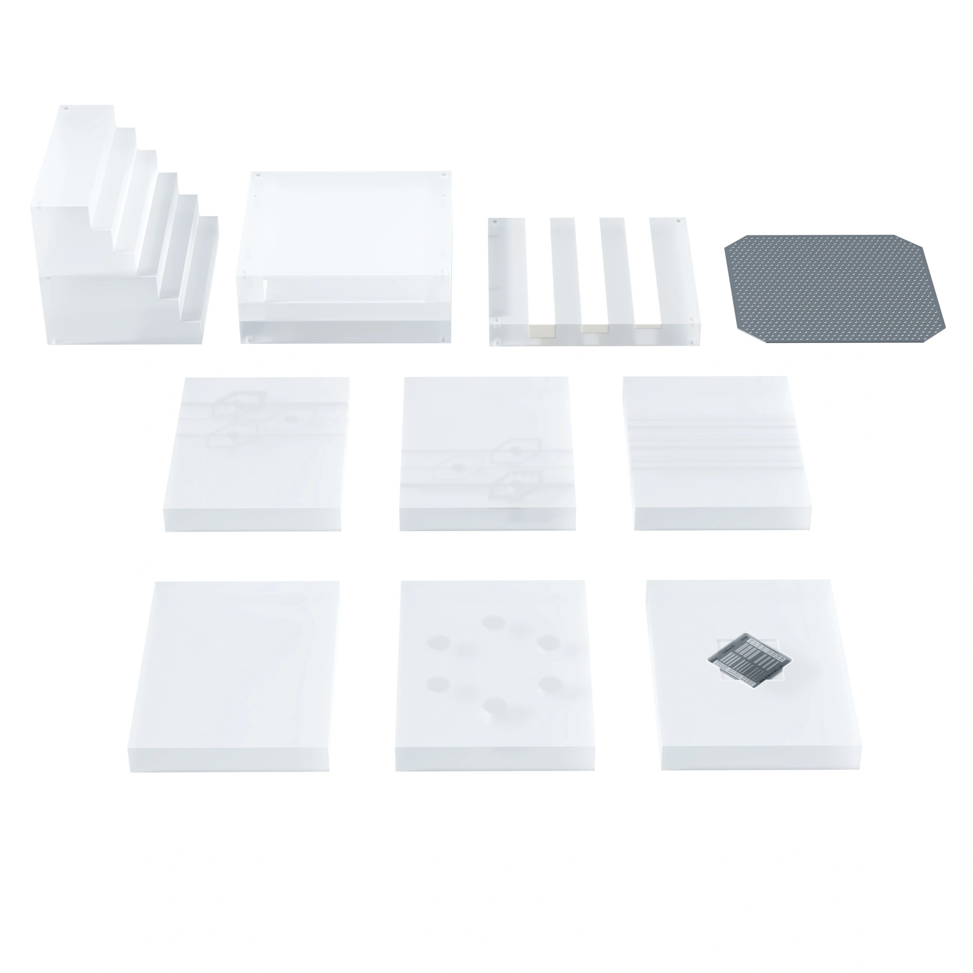 A set of 6 rectangular and 2 square plastic elements, a square metal plate, and a plastic 6-step wedge.