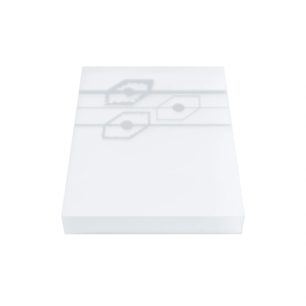 A rectangular block made of sanded transparent plastic.