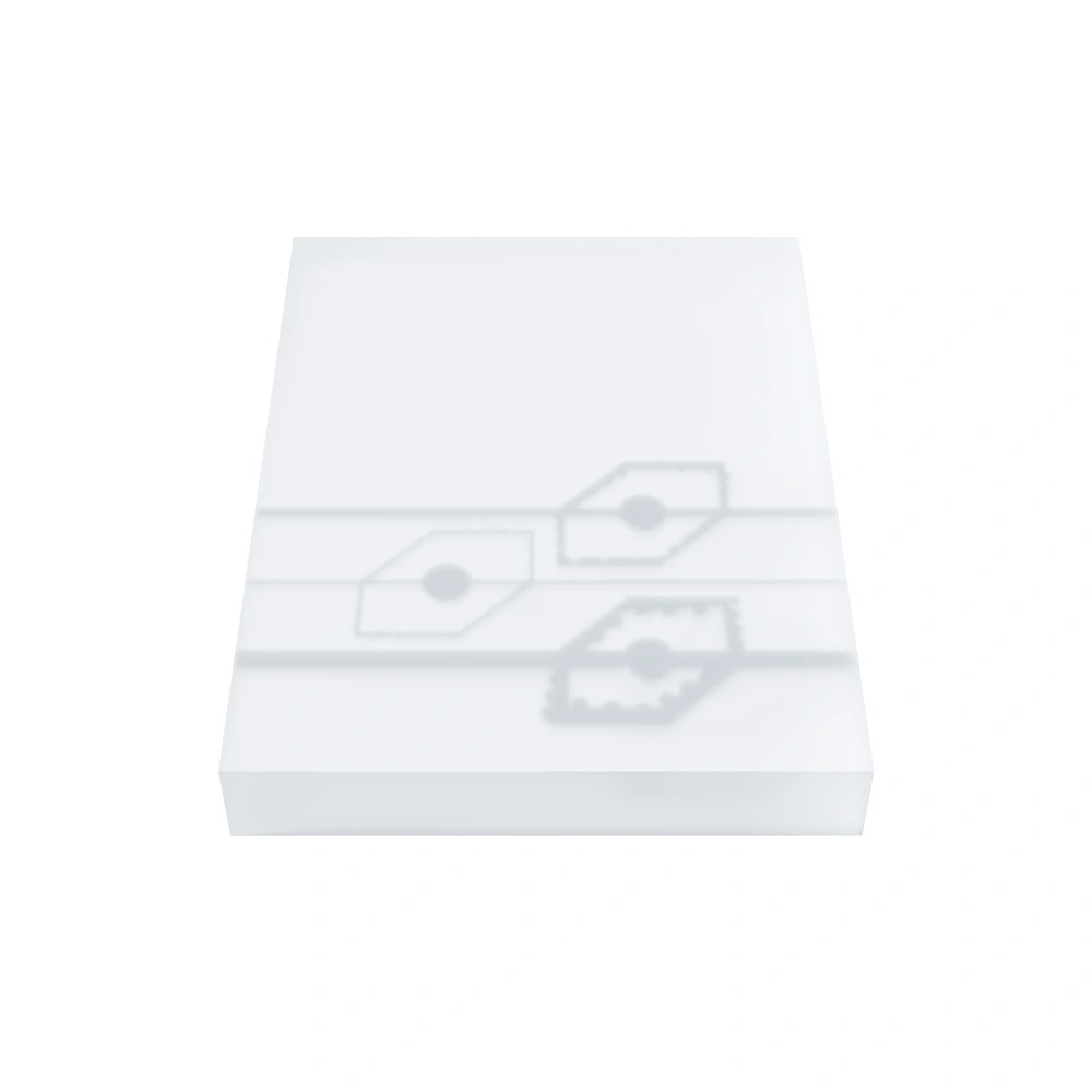 A rectangular block made of sanded transparent plastic.