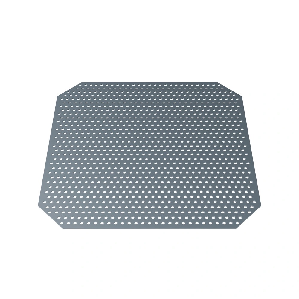 A square aluminium plate with bevelled corners and an array of holes on the whole surface.