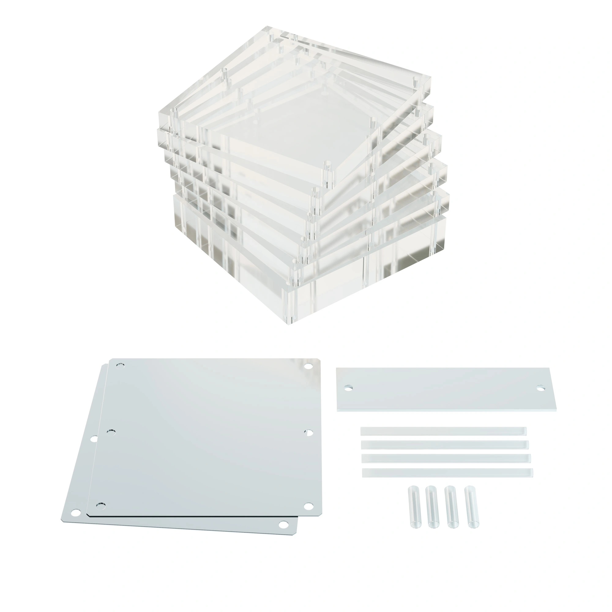 Set of 6 square acrylic plates, including one thick, and two thin aluminum plates.