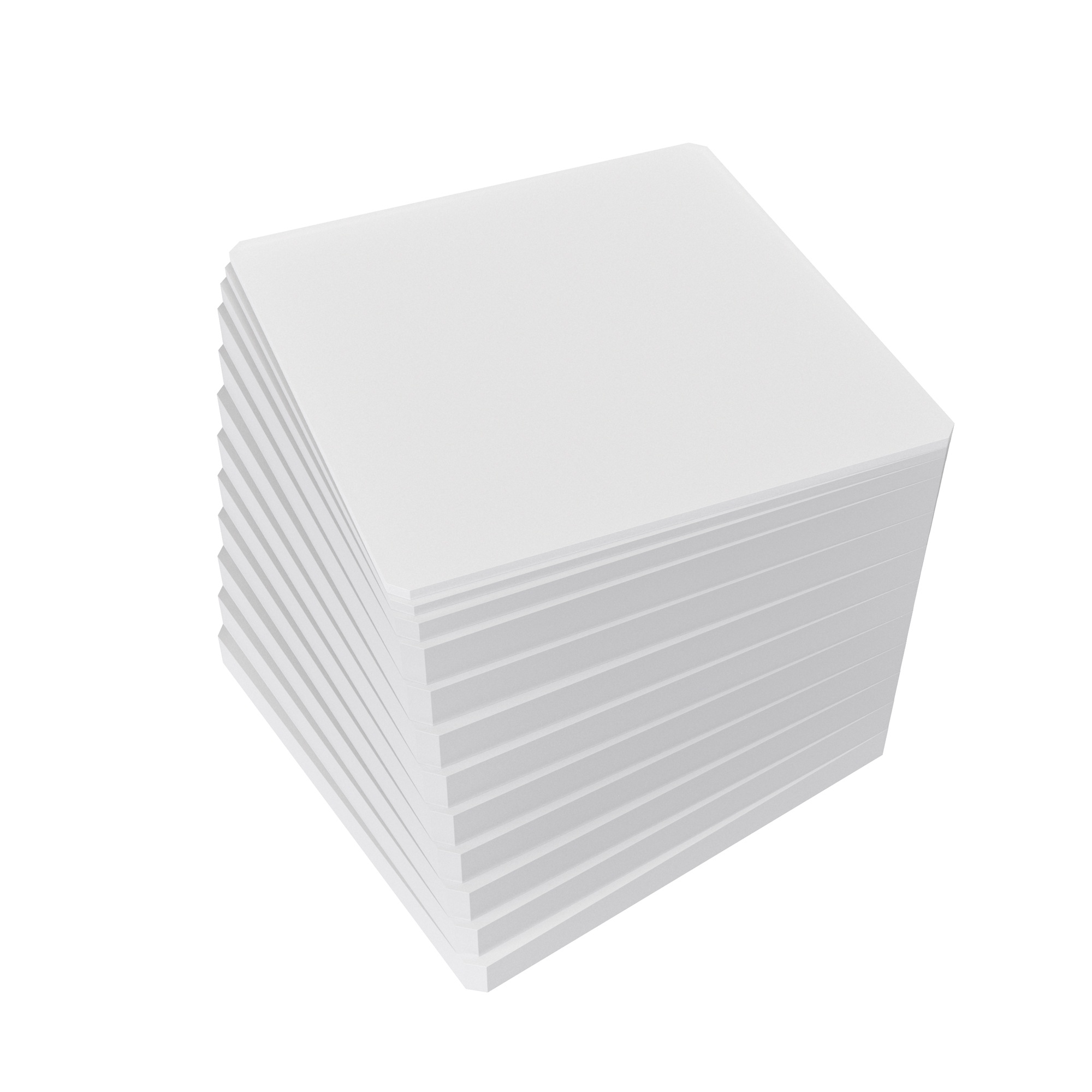 A pile of 11 square acrylic plates.