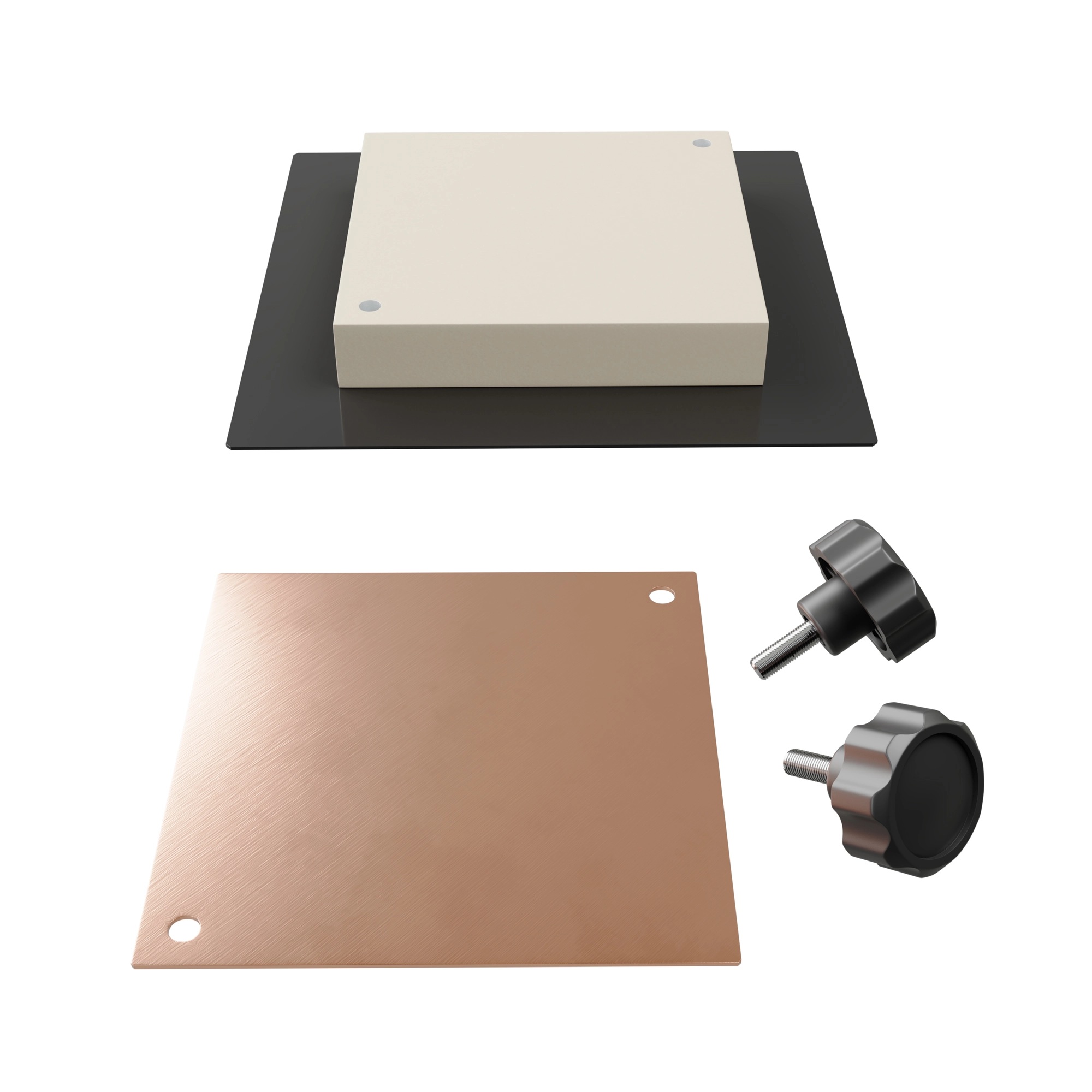 A set made of a square aluminium block, a square copper thin filter, and two thumbscrews.