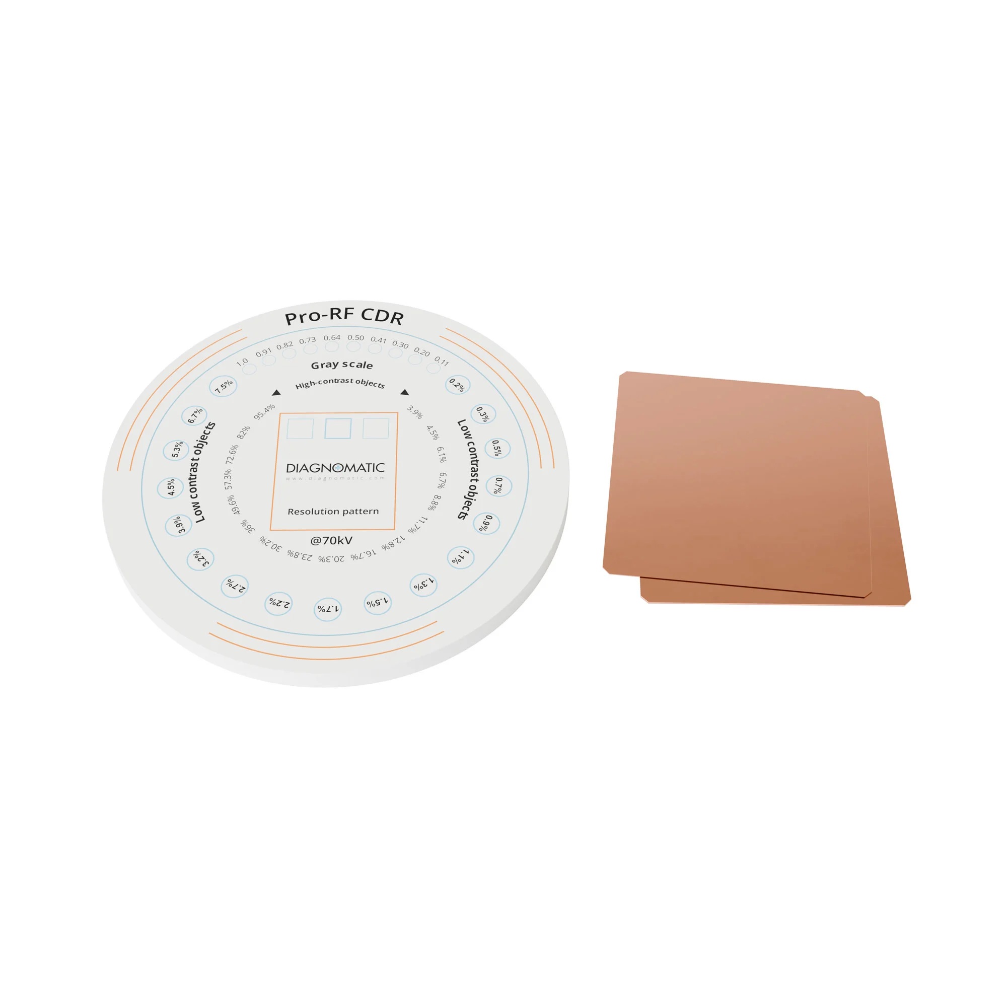 A set containing a flat circular object made of white plastic with printed patterns and symbols on top and two square thin copper plates.