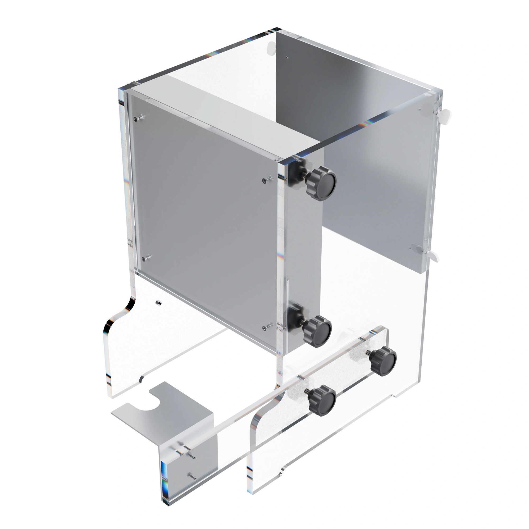 A rectangular frame made of transparent PMMA with two square aluminium plates mounted inside on opposite walls.