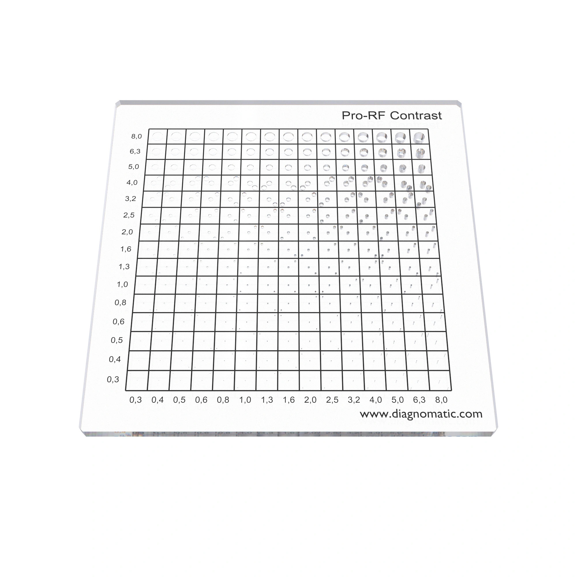 A flat square object made of transparent plastic with a grid in the middle.