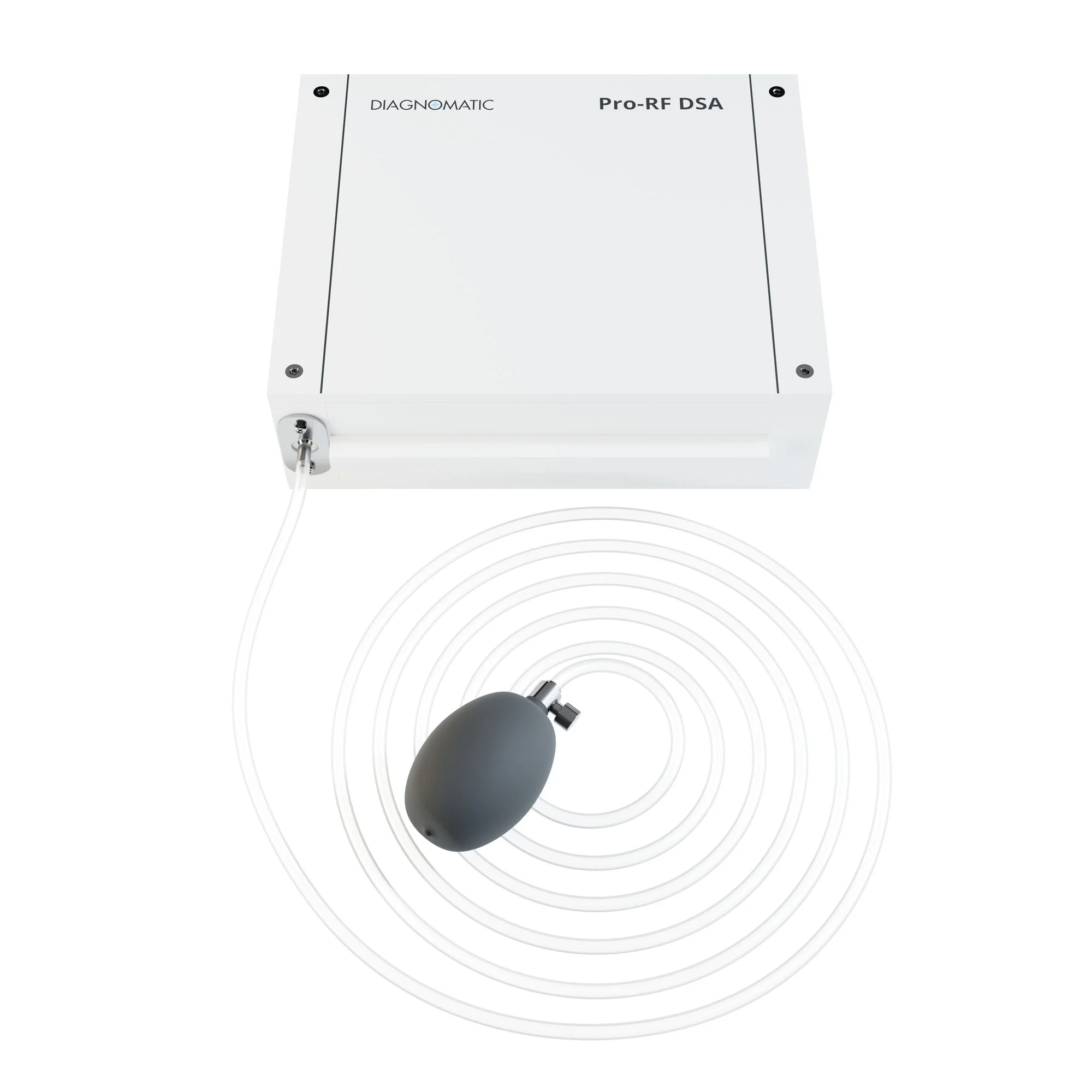A thick rectangular object made of white plastic with an attached 6m long rubber transparent hose and black rubber hand pump at the end.