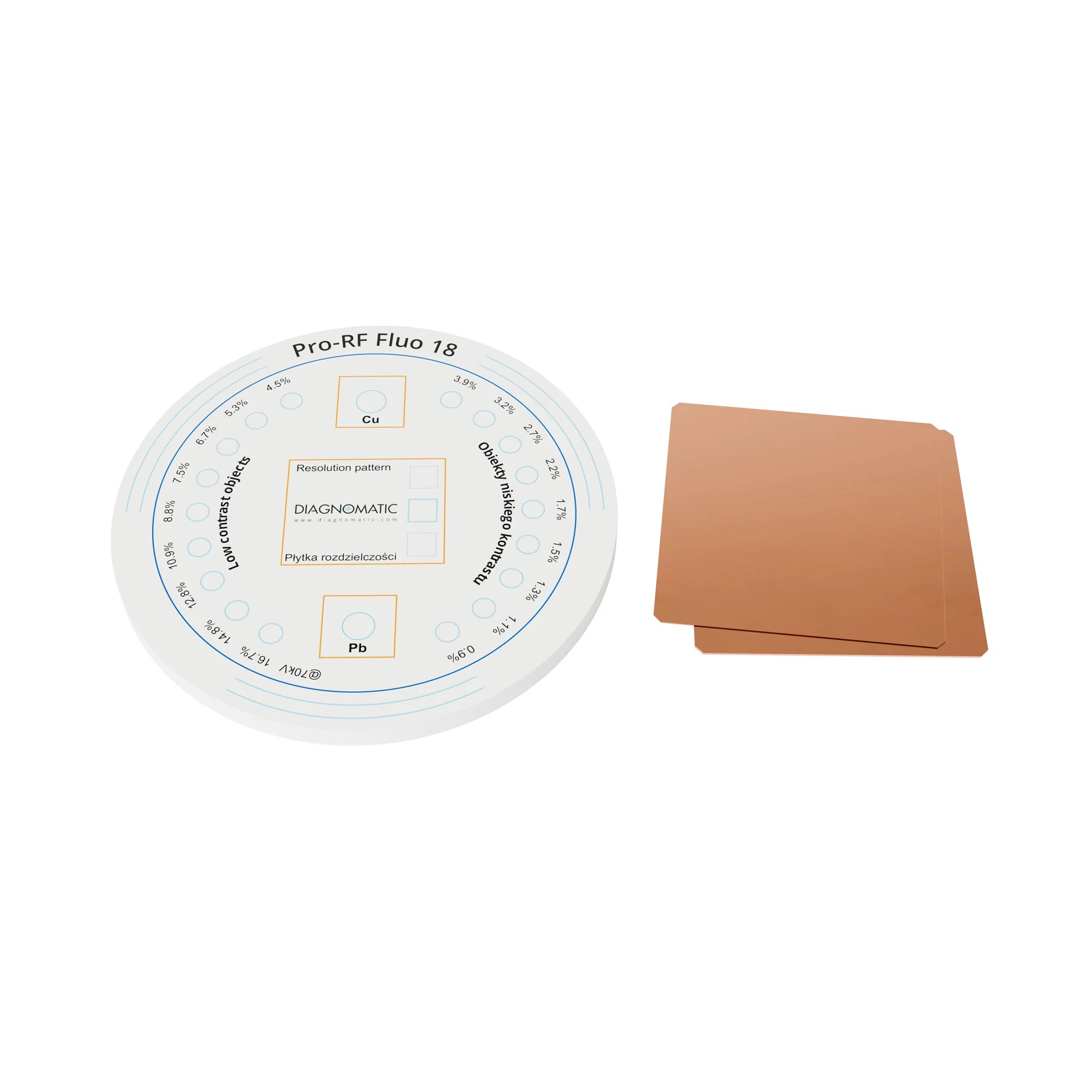 A set containing a flat circular object made of white plastic with printed patterns and symbols on top and two square thin copper plates.
