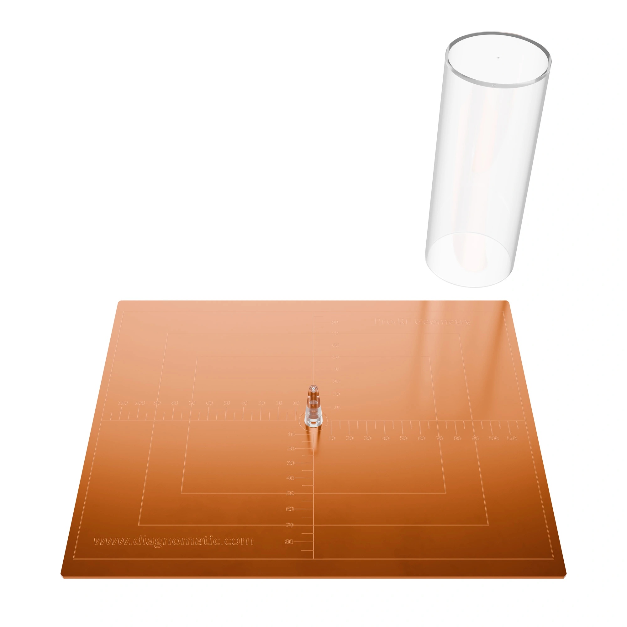 A rectangular copper object with engraved scales on the top surface, a small transparent plastic cone, and a big transparent plastic cylinder.