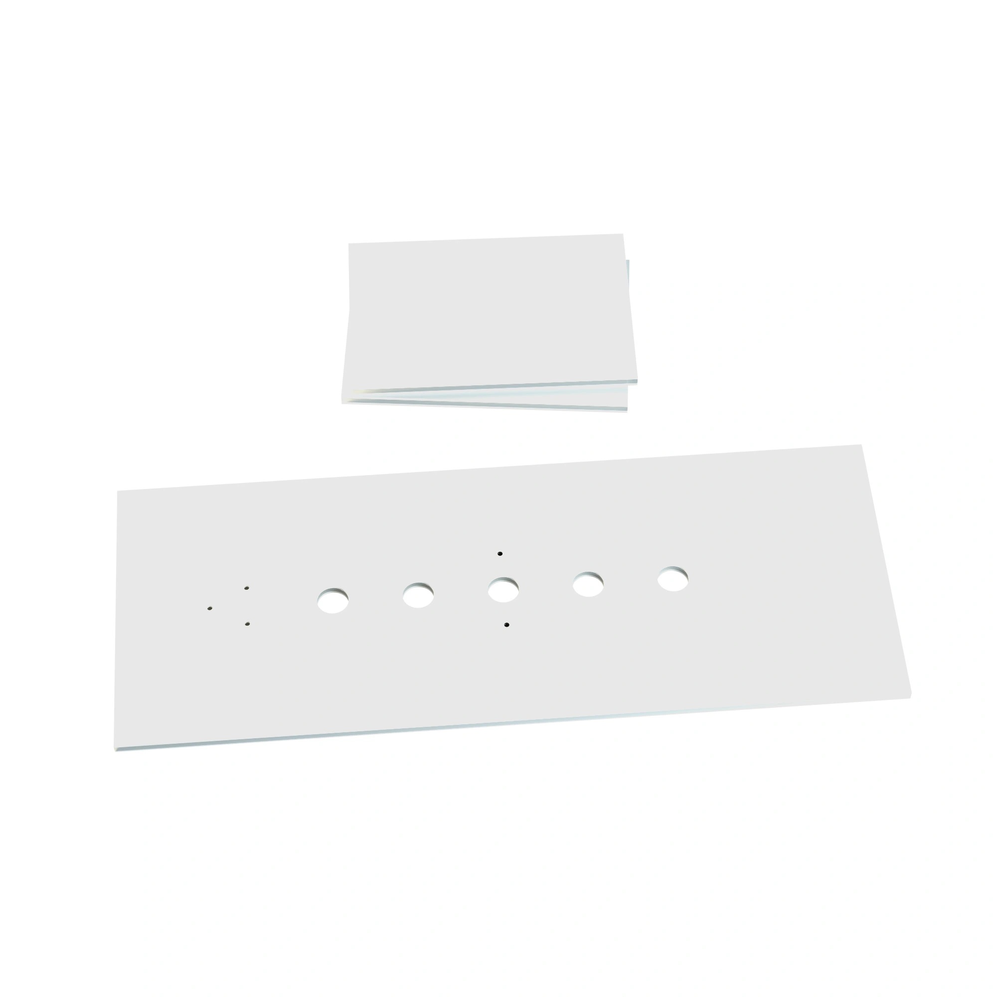 A set consisting of a long, rectangular, flat object made of one lead layer between two layers of white plastic with a row of five pass-through holes, and two similar shorter rectangular objects without holes.