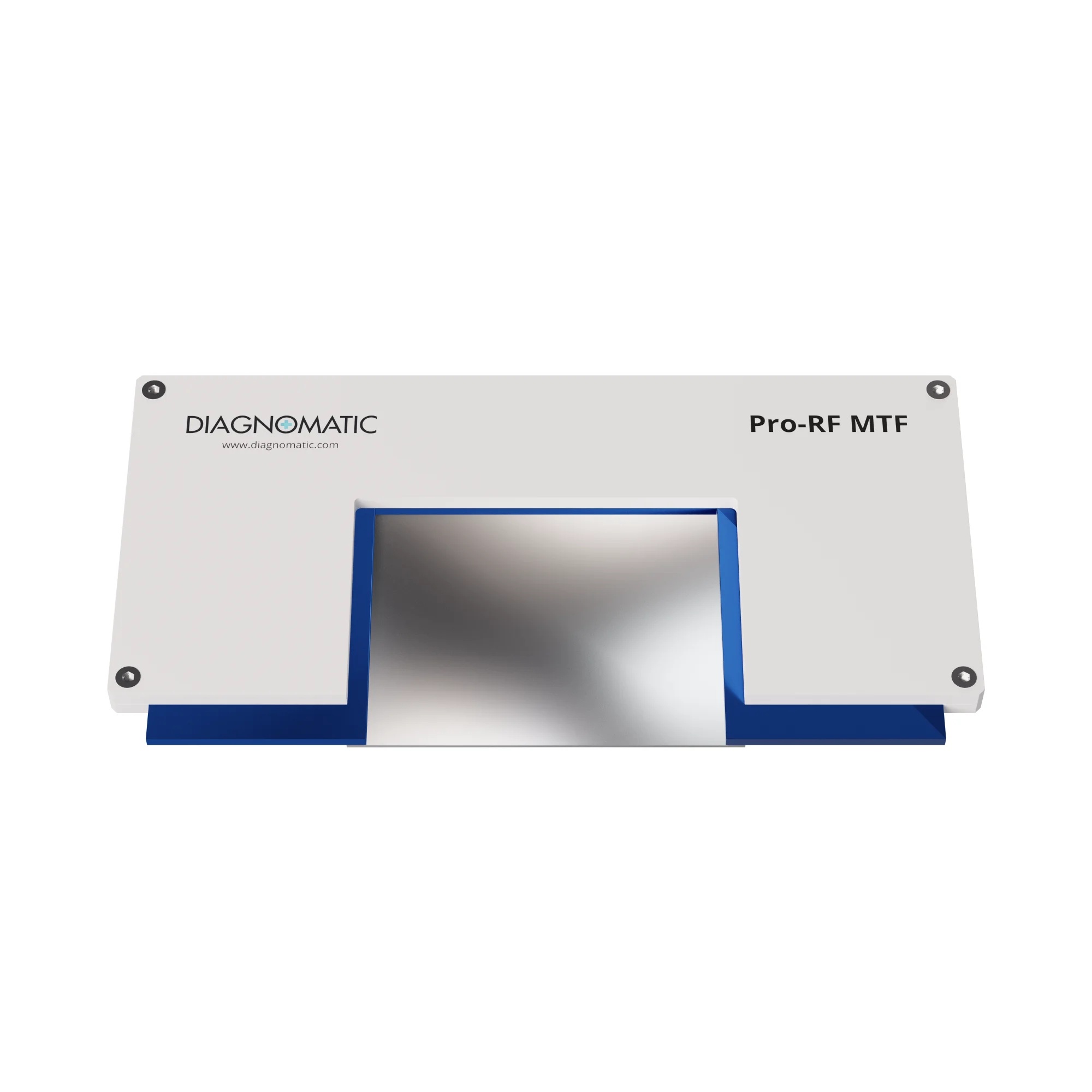 Diagnomatic Pro-RF MTF edge test device — front view, tungsten edge plate in blue aluminum frame on PMMA substrate, IEC 62220-1 MTF phantom
