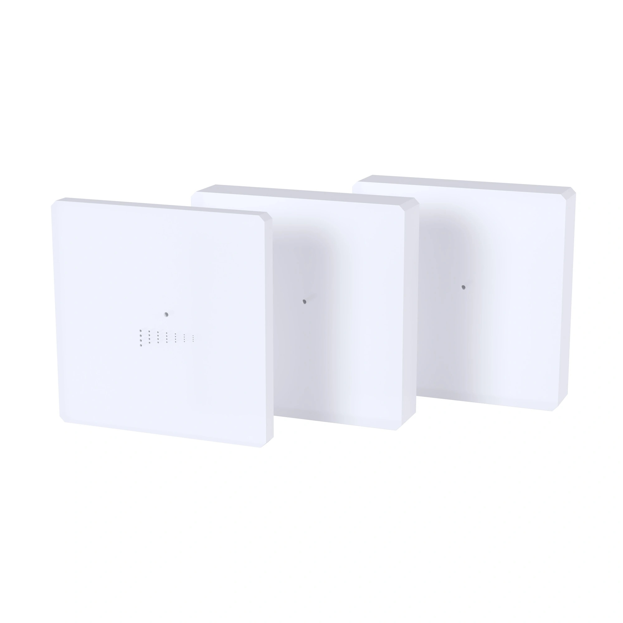 Three square blocks made of sandblasted transparent plastic standing in a row.